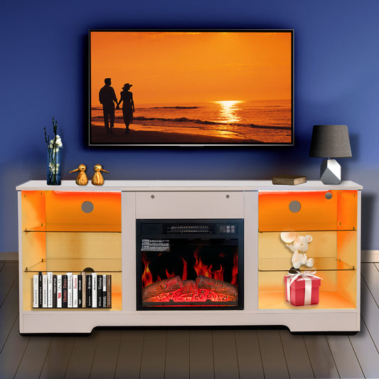 SYNGAR TV Stand with Fireplace for 60" TV, Contemporary Wooden Entertainment Center with LED Light for Living Room, TV Cabinet with Glass Shelves, TV Console with 18" Fireplace, White