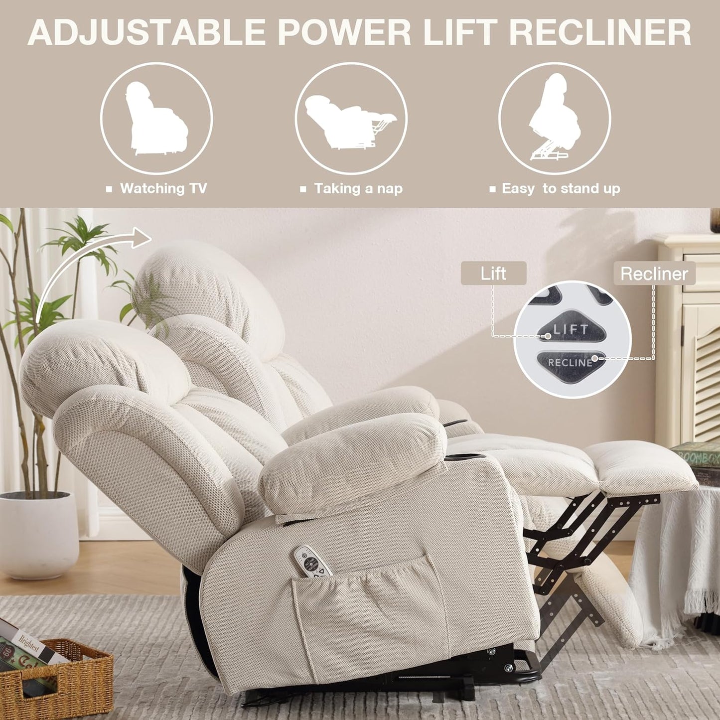 HSUNNS Power Lift Recliner Chair for the Elderly, Electric Oversized Recliner for Living Room with USB Charge Port, Cup Holder, Side and Front Pocket, for Sitting, Sleeping, and Standing, Beige