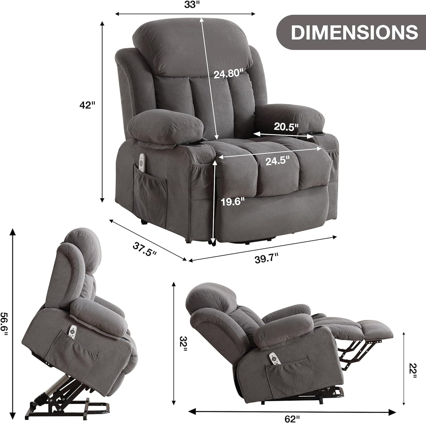 SYNGAR Power Lift Recliner Chair for Living Room, Electric Recliner Chair with Heat and Massage Function, USB Charge Port and Cup Holders, Oversized Velvet Reclining Sofa for Home Theater, Gray