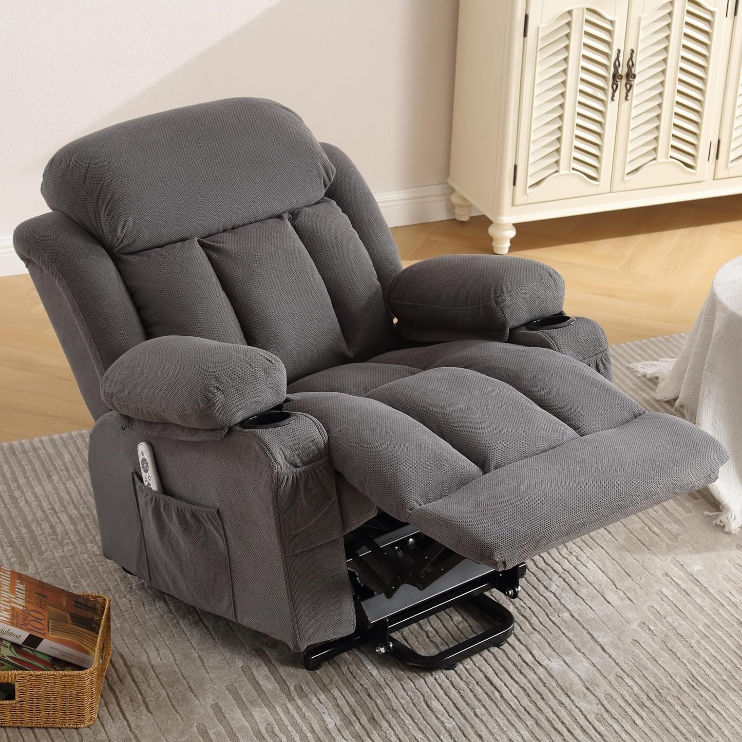 SYNGAR Power Lift Recliner Chair for Living Room, Electric Recliner Chair with Heat and Massage Function, USB Charge Port and Cup Holders, Oversized Velvet Reclining Sofa for Home Theater, Gray