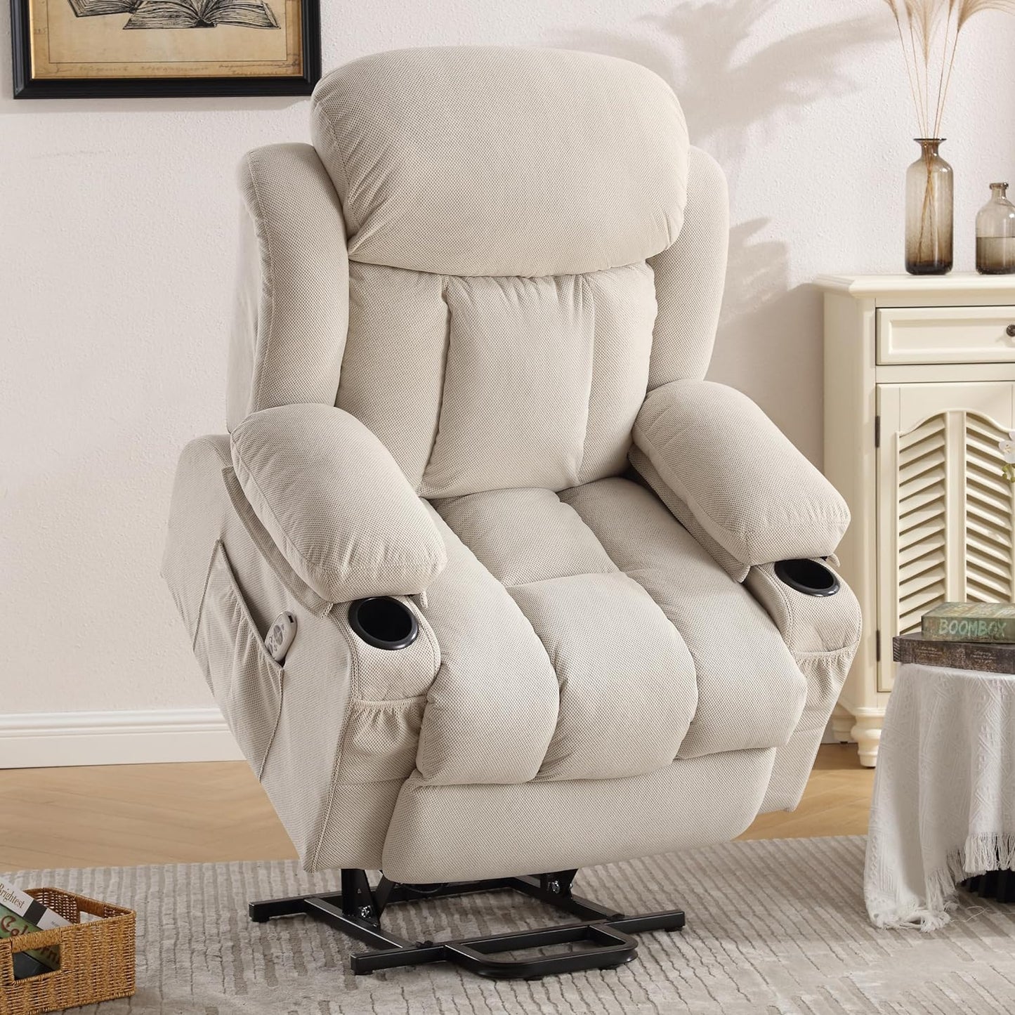 HSUNNS Power Lift Recliner Chair for the Elderly, Electric Oversized Recliner for Living Room with USB Charge Port, Cup Holder, Side and Front Pocket, for Sitting, Sleeping, and Standing, Beige