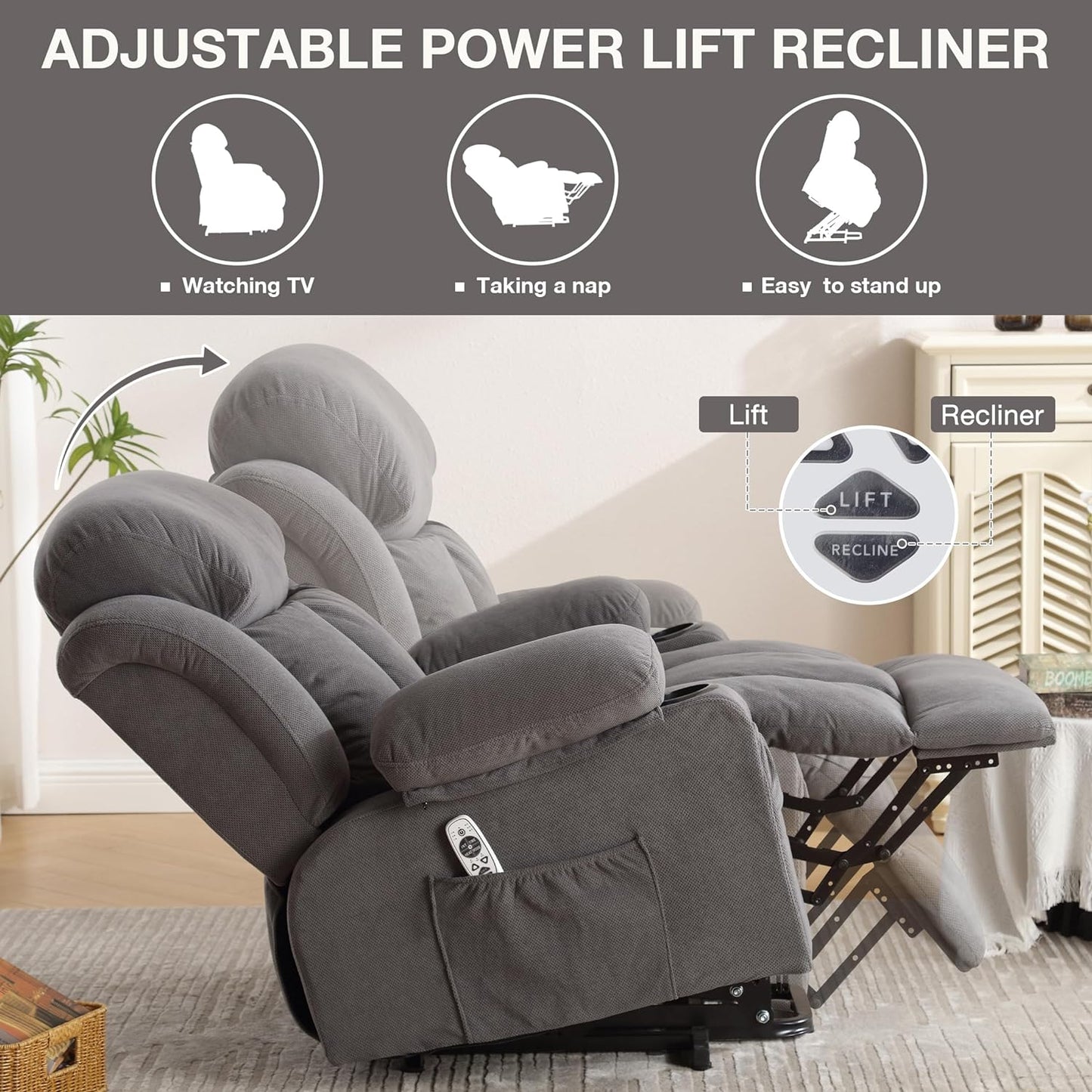 SYNGAR Power Lift Recliner Chair for Living Room, Electric Recliner Chair with Heat and Massage Function, USB Charge Port and Cup Holders, Oversized Velvet Reclining Sofa for Home Theater, Gray