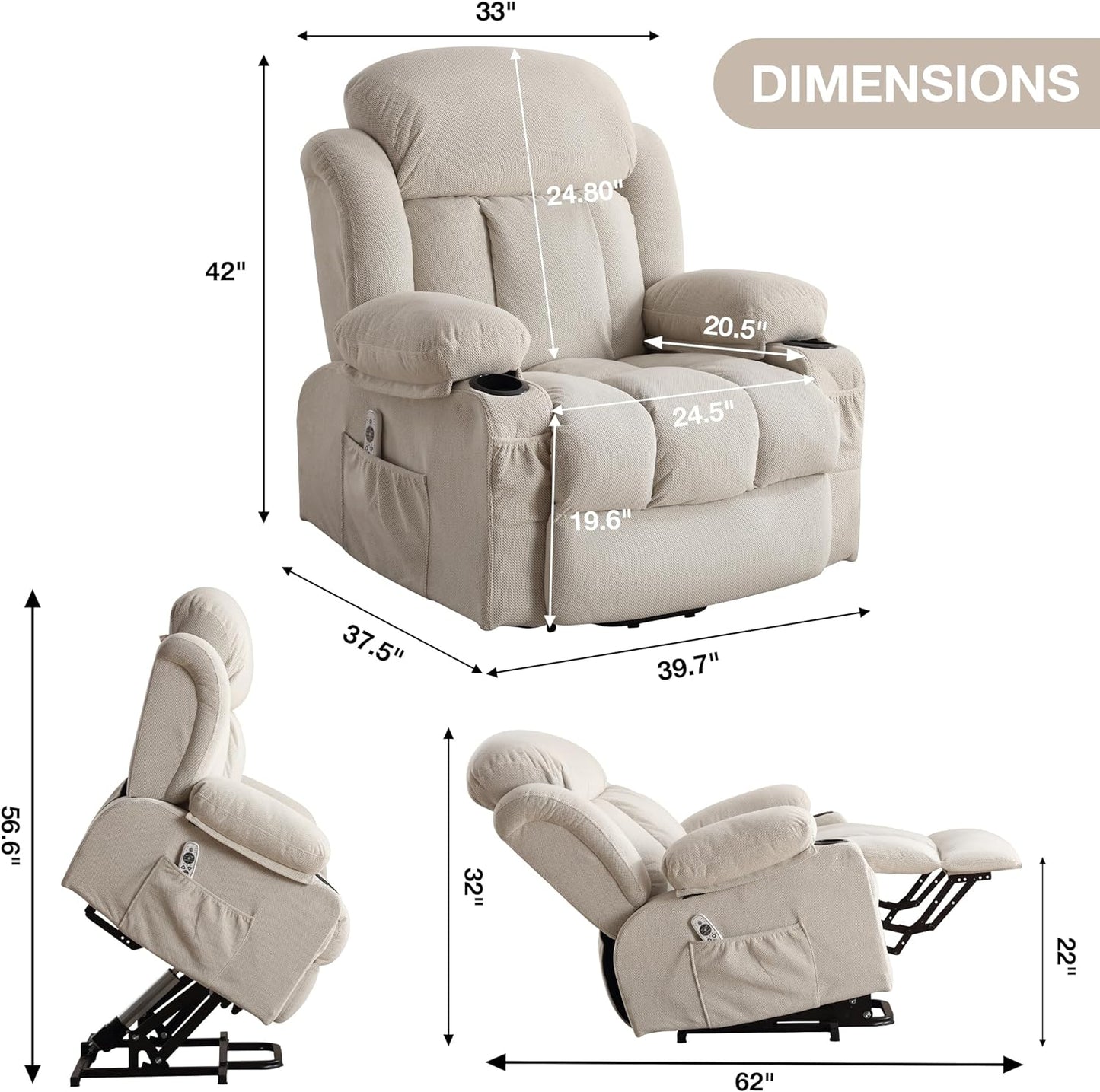 HSUNNS Power Lift Recliner Chair for the Elderly, Electric Oversized Recliner for Living Room with USB Charge Port, Cup Holder, Side and Front Pocket, for Sitting, Sleeping, and Standing, Beige