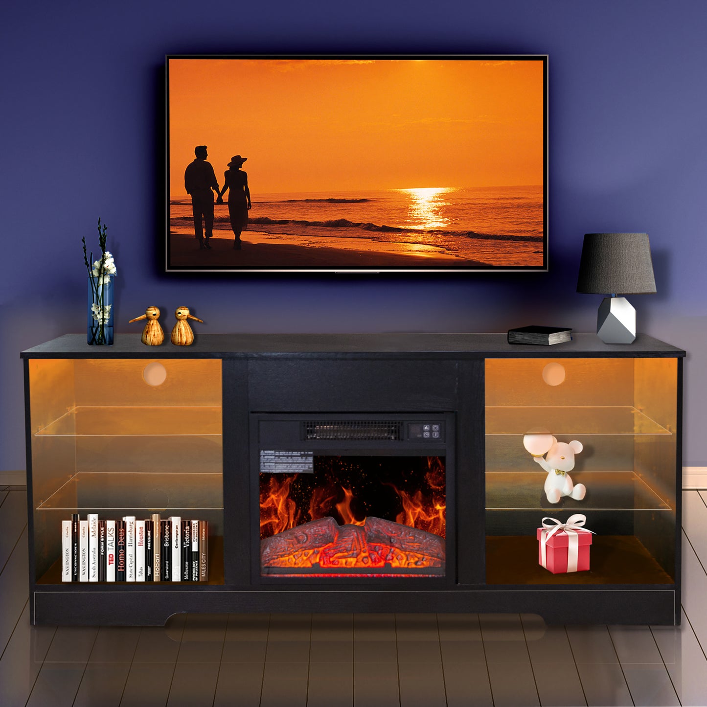 SYNGAR TV Stand with Fireplace for 60" TV, Contemporary Wooden Entertainment Center with LED Light for Living Room, TV Cabinet with Glass Shelves, TV Console with 18" Fireplace, White