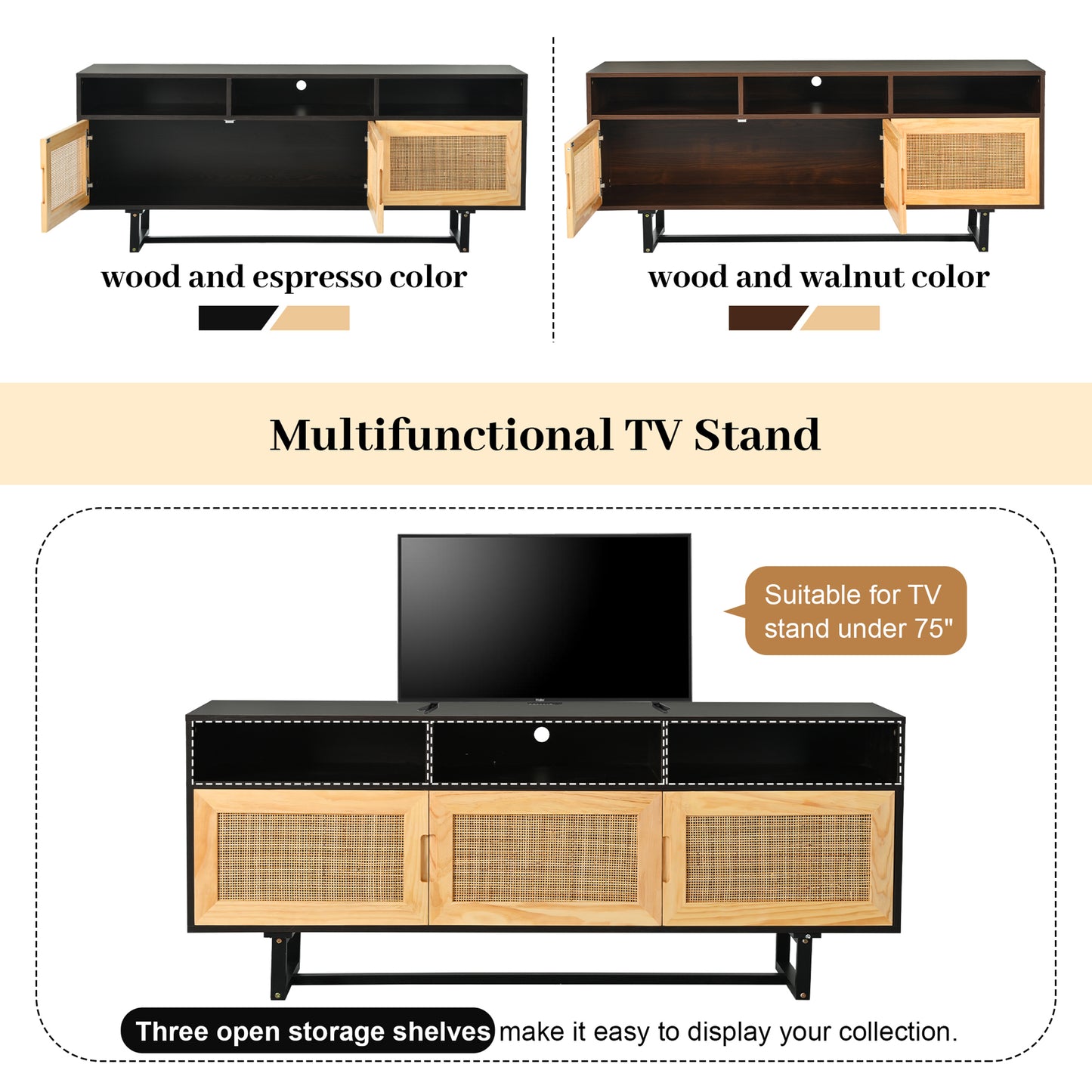 SYNGAR TV Console for 75" Inches TV, Modern TV Cabinet With 3 Rattan Doors and Wood Leg, Wood Entertainment Center with Storage Cabinet and Shelves, TV & Media Furniture, Espresso