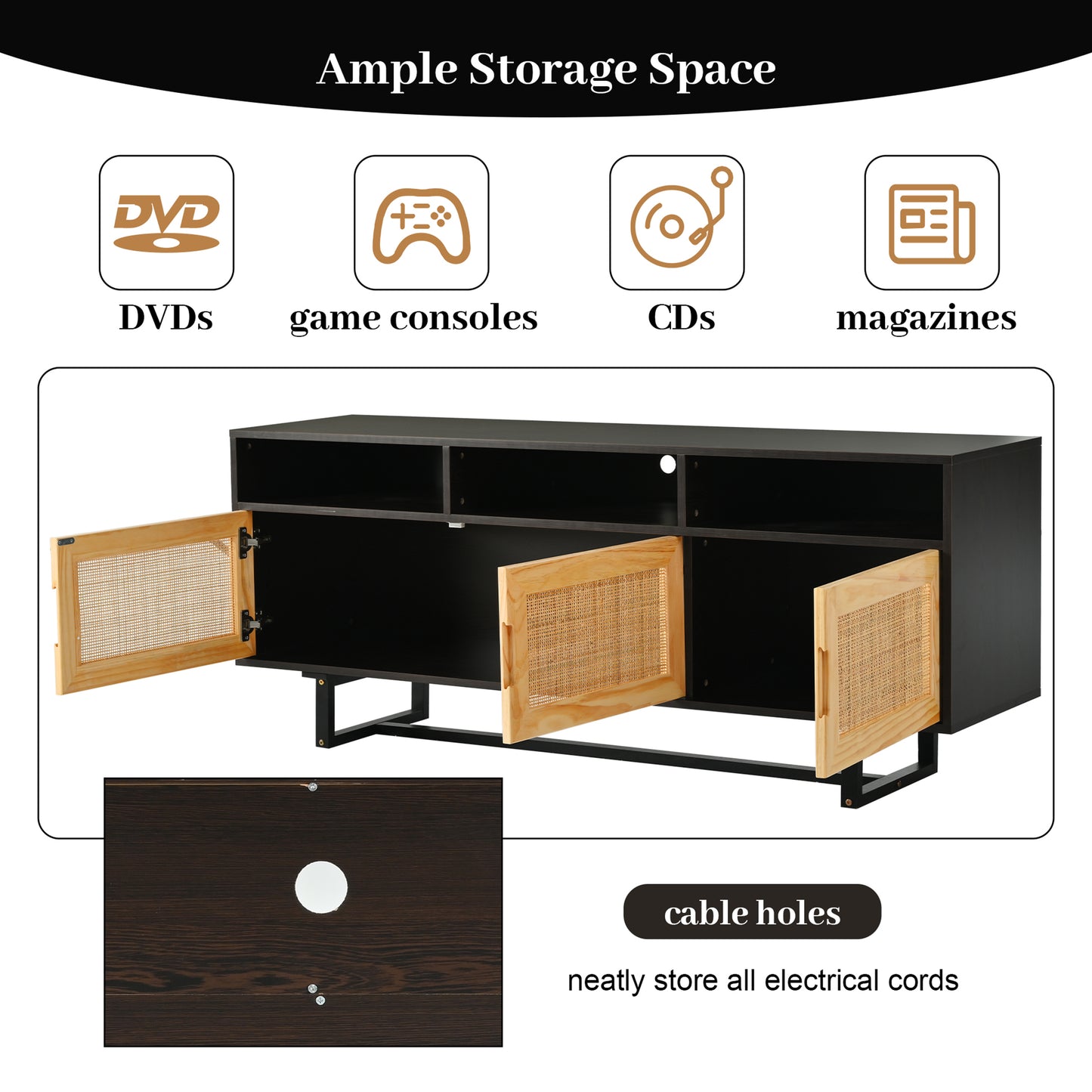 SYNGAR TV Console for 75" Inches TV, Modern TV Cabinet With 3 Rattan Doors and Wood Leg, Wood Entertainment Center with Storage Cabinet and Shelves, TV & Media Furniture, Espresso