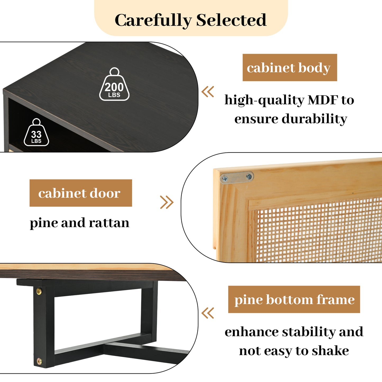 SYNGAR TV Console for 75" Inches TV, Modern TV Cabinet With 3 Rattan Doors and Wood Leg, Wood Entertainment Center with Storage Cabinet and Shelves, TV & Media Furniture, Espresso