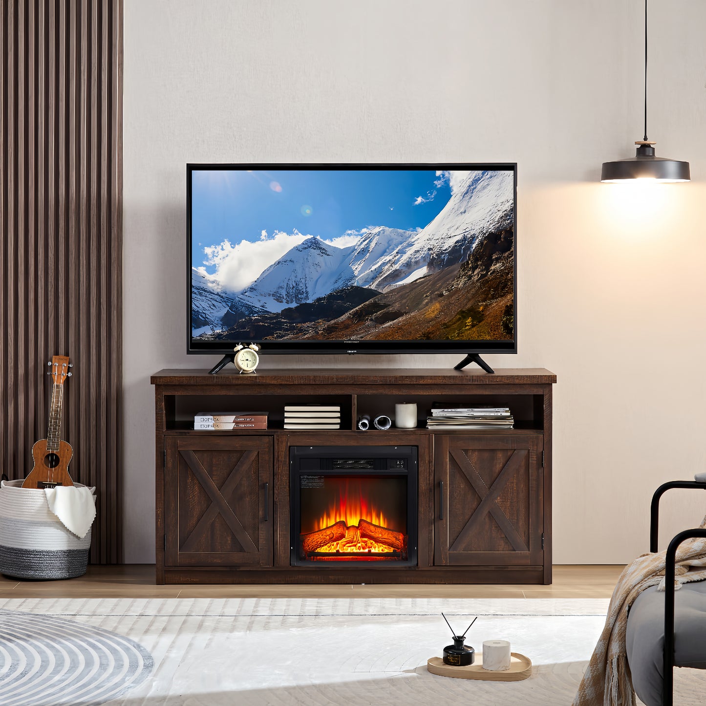 SYNGAR Electric Fireplace TV Stand for 65" TV, Wood Entertainment Center With Fireplace for Living Room, Modern TV Console with Storage Shelves and Glass Doors, Media Console, TV Cabinet, Espresso