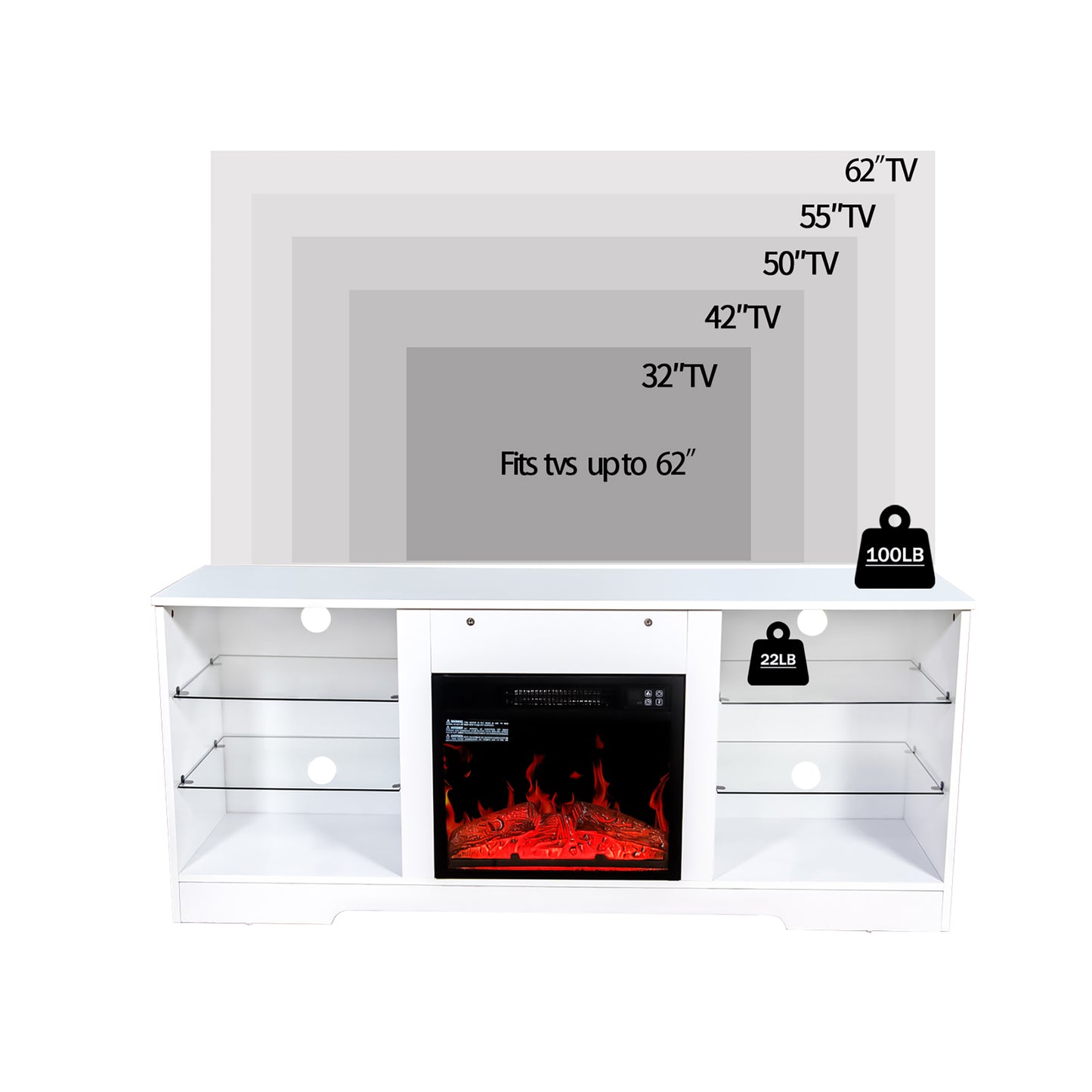 SYNGAR TV Stand with Fireplace for 60" TV, Contemporary Wooden Entertainment Center with LED Light for Living Room, TV Cabinet with Glass Shelves, TV Console with 18" Fireplace, White