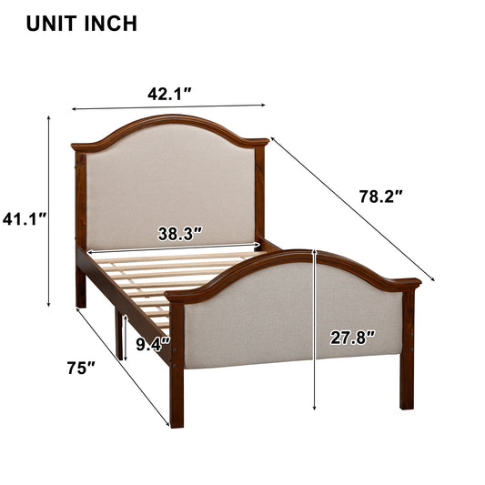 SYNGAR Twin Bed Frames with Upholstered Headboard and Footboard, Classic Twin Size Bed Frames with Wood Slat, No Box Spring Needed, Wood Bed Frame Twin with 9" Under Bed Storage Space, Walnut Color