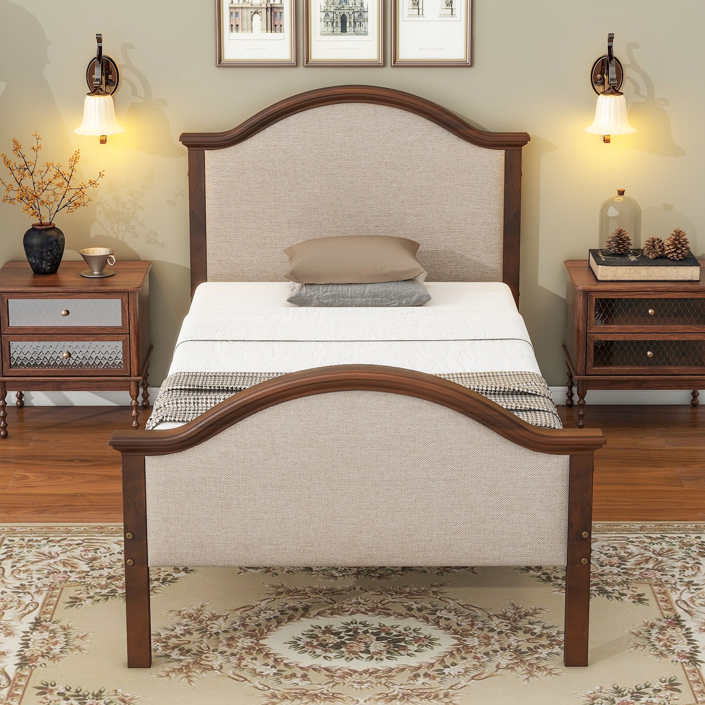 SYNGAR Twin Bed Frames with Upholstered Headboard and Footboard, Classic Twin Size Bed Frames with Wood Slat, No Box Spring Needed, Wood Bed Frame Twin with 9" Under Bed Storage Space, Walnut Color