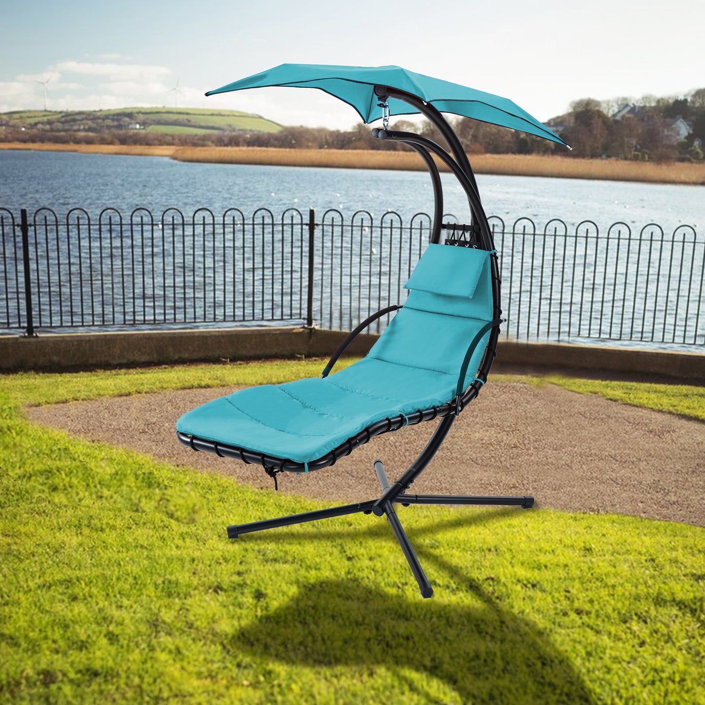 Outdoor Hammock Chair with Stand, Hanging Chaise Lounge w/ Removable Canopy, Indoor Lounger Chair Patio Swing with Cushion & Pillow, Max Weight 330LBS