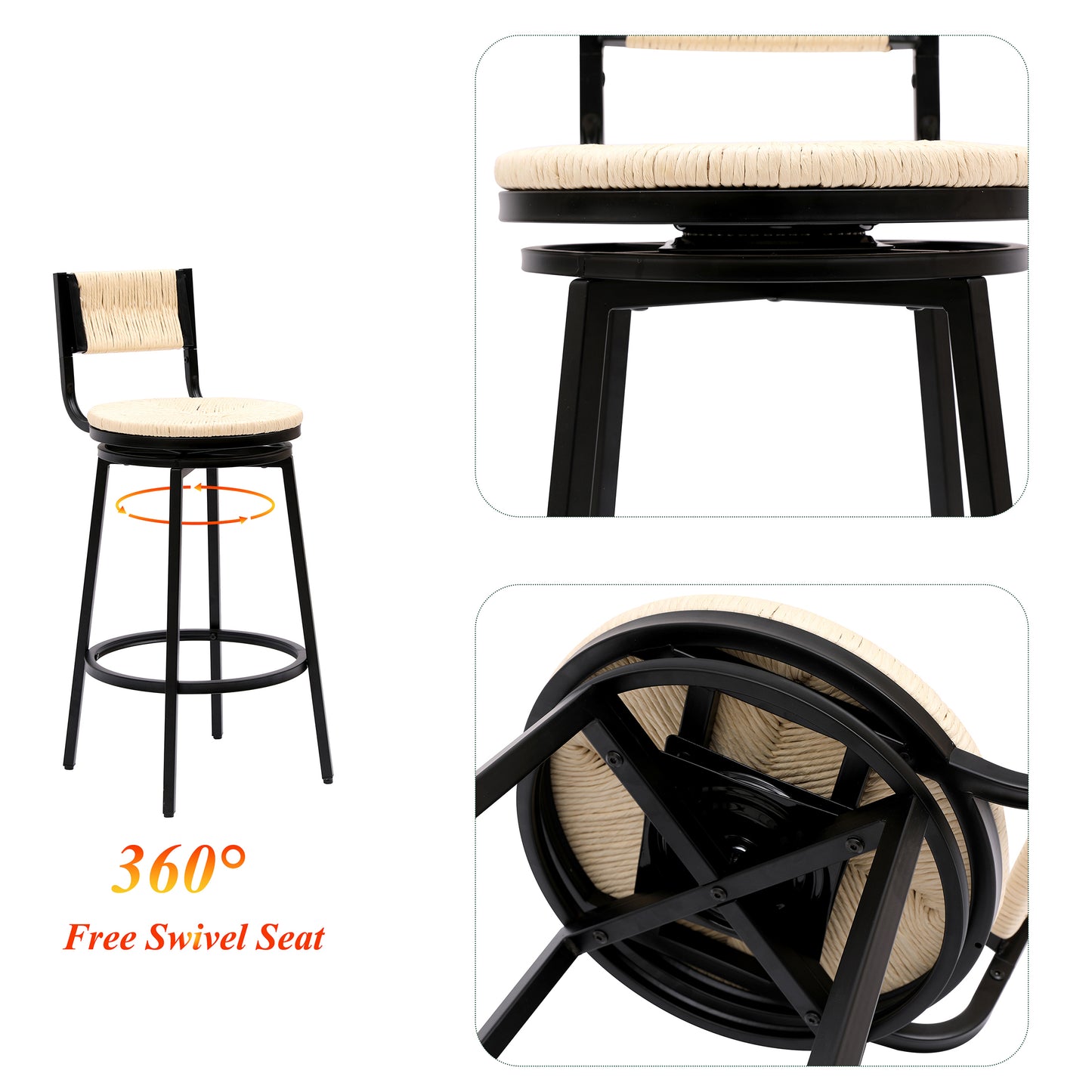 Bar Stools Set Of 2, Modern Paper Rope Woven Bar Stools with Ergonomic Backrest, 360 Degrees Swivel Kitchen Stools with Metal Leg, Round Barstools Set of 2 for Living Room, Coffee Shop, Creamy White