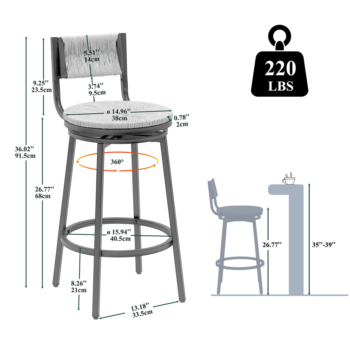 Bar Stools Set Of 2, Modern Paper Rope Woven Bar Stools with Ergonomic Backrest, 360 Degrees Swivel Kitchen Stools with Metal Leg, Round Barstools Set of 2 for Living Room, Coffee Shop, Creamy White