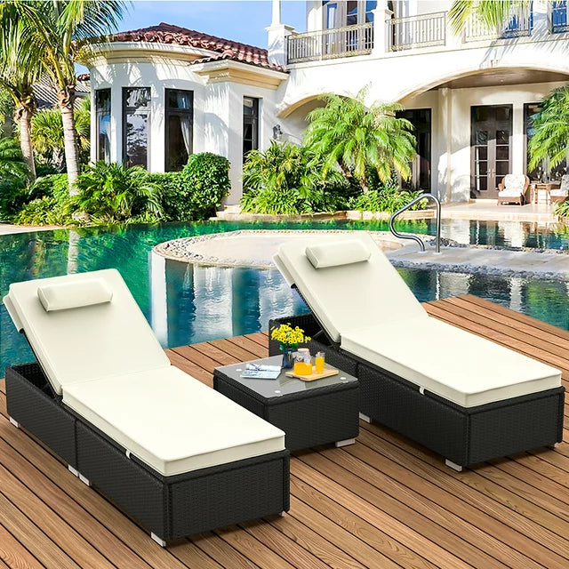 Set of 3 Rattan Chaise Lounge Chairs with Side Table, Outdoor Reclining Chairs Set W/Adjustable Backrest and Removable Cushions, Chaise Lounge Furniture Set for Poolside Beach Garden Patio, B22