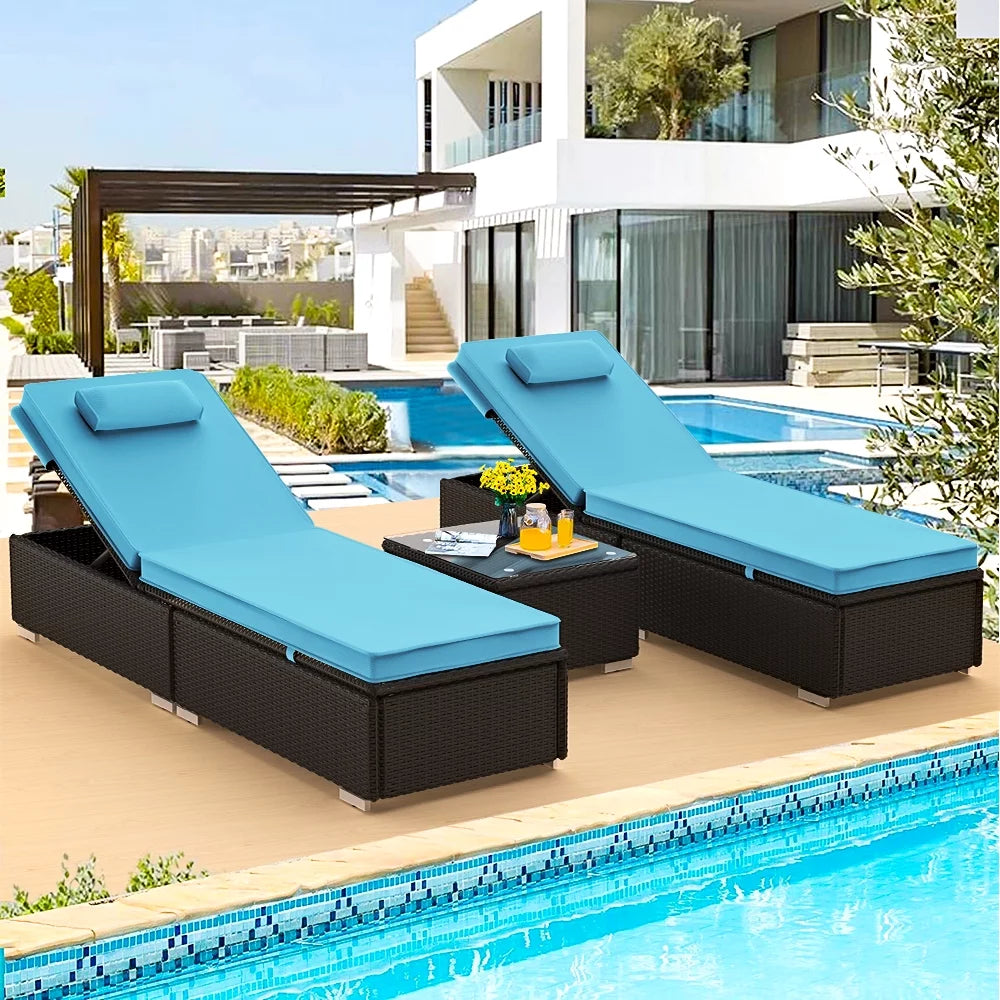 Set of 3 Rattan Chaise Lounge Chairs with Side Table, Outdoor Reclining Chairs Set W/Adjustable Backrest and Removable Cushions, Chaise Lounge Furniture Set for Poolside Beach Garden Patio, B22