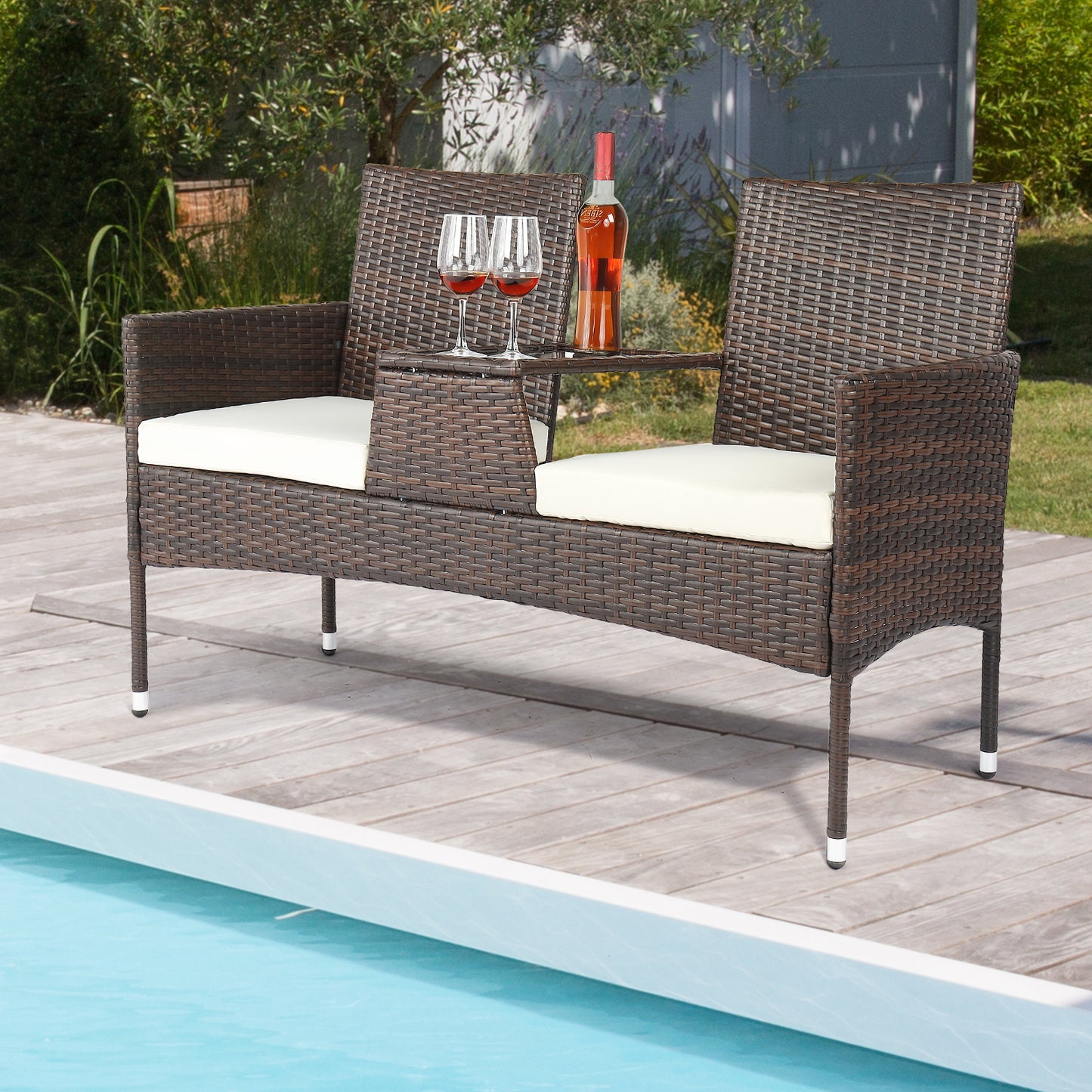 Patio Furniture Set for 2, Rattan Outdoor Loveseat with Side Table, Brown PE Wicker Arm Chair with Storage, Porch Deck Poolside Furniture Conversation Sofa, Beige Cushions