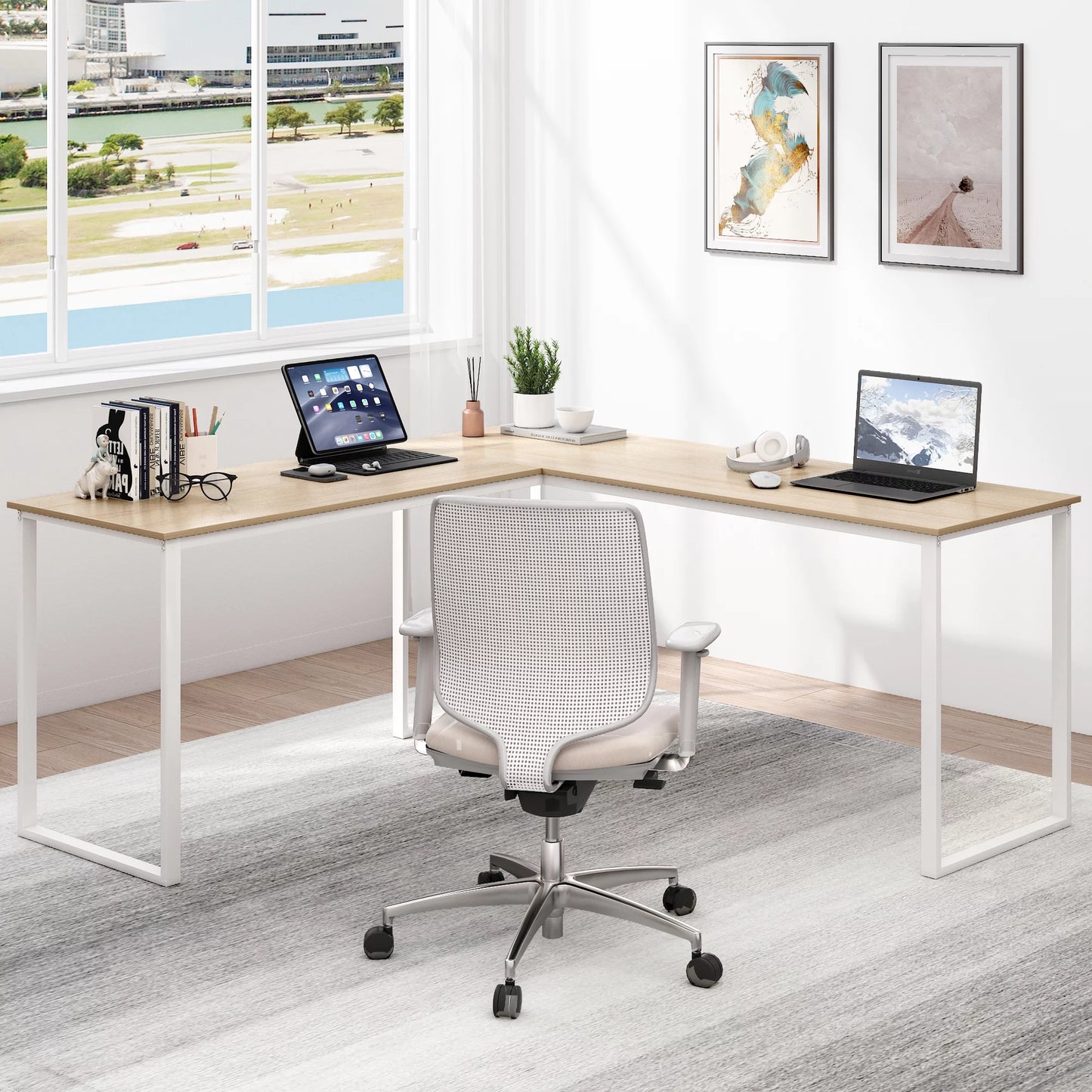 L-Shaped Computer Desk, Industrial Office Corner Desk, 58" Writing Study Table, Wood Tabletop Home Gaming Desk with Metal Frame, Large 2 Person Table for Home Office Workstation