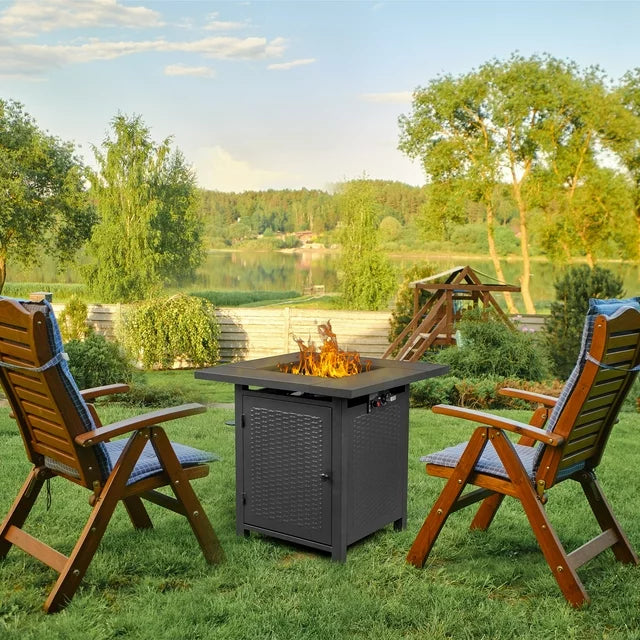 2-in-1 Propane Fire Pit Table, Outdoor Table with Fire Pit, 28" 40,000 BTU Auto-Ignition Gas Fire Pit Table with Lid & Lava Rock, Square Fire Table with Rattan Exterior for Yard Patio Garden
