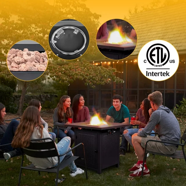 2-in-1 Propane Fire Pit Table, Outdoor Table with Fire Pit, 28" 40,000 BTU Auto-Ignition Gas Fire Pit Table with Lid & Lava Rock, Square Fire Table with Rattan Exterior for Yard Patio Garden