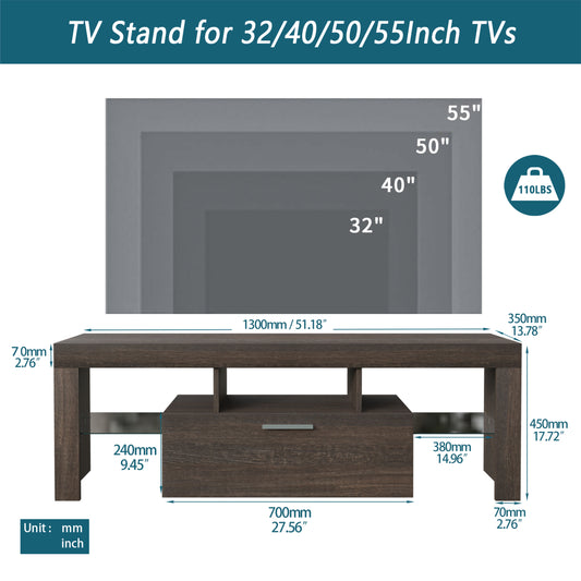 Brown TV Stand for 55 inch TV, Farmhouse Rustic Wooden Television Stands TV Cabinet Console Table Stand with 16 Colors LED Lights, Living Room TV Buffet Cabinet with Storage, 51"L×14" W×18"H