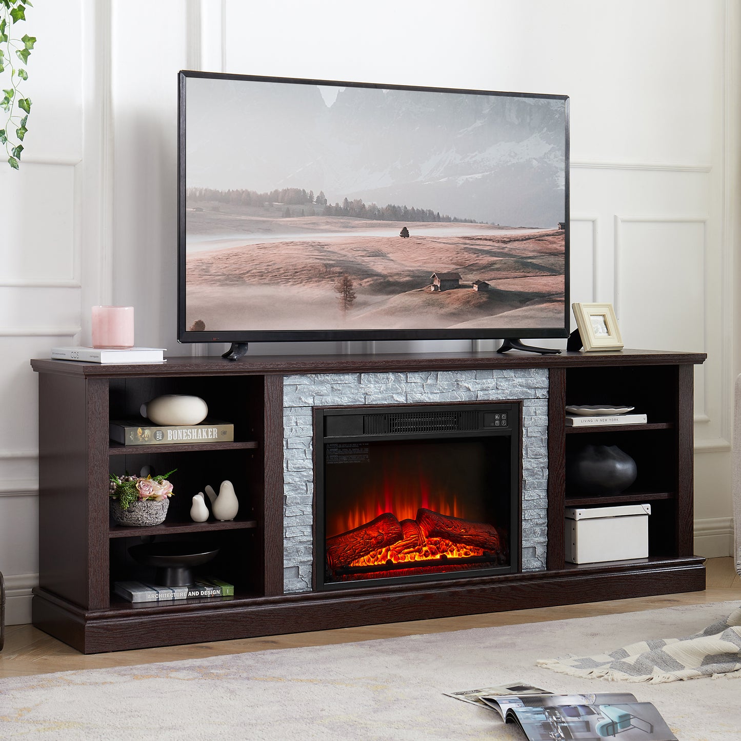 SYNGAR TV Stand With Fireplace for 70" TV, Modern TV Console with Realistic Stacked Stone Surround for Living Room, Wood Entertainment Center with Open Shelves, Remote Control Fireplace, Cherry