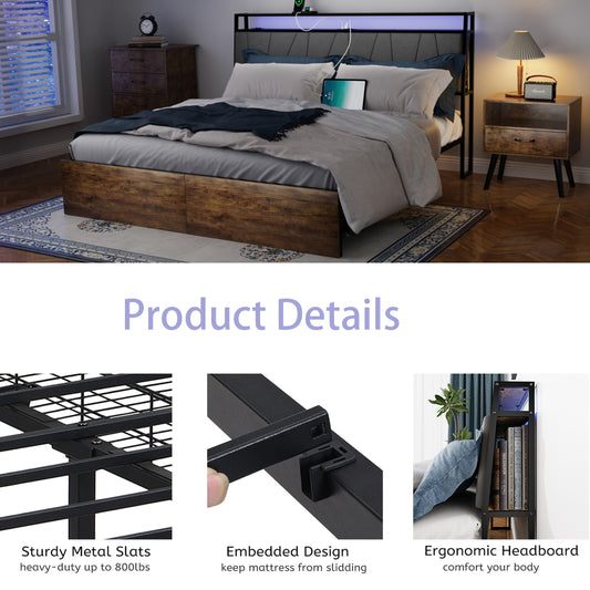 Full Size Platform Bed Frame, Full Bed Frame with LED Light and Storage Headboard, Platform Bed Frame with Storage Drawers, Bed Frame Full with USB Port and Power Outlets, Full Bed Frame Metal Slats