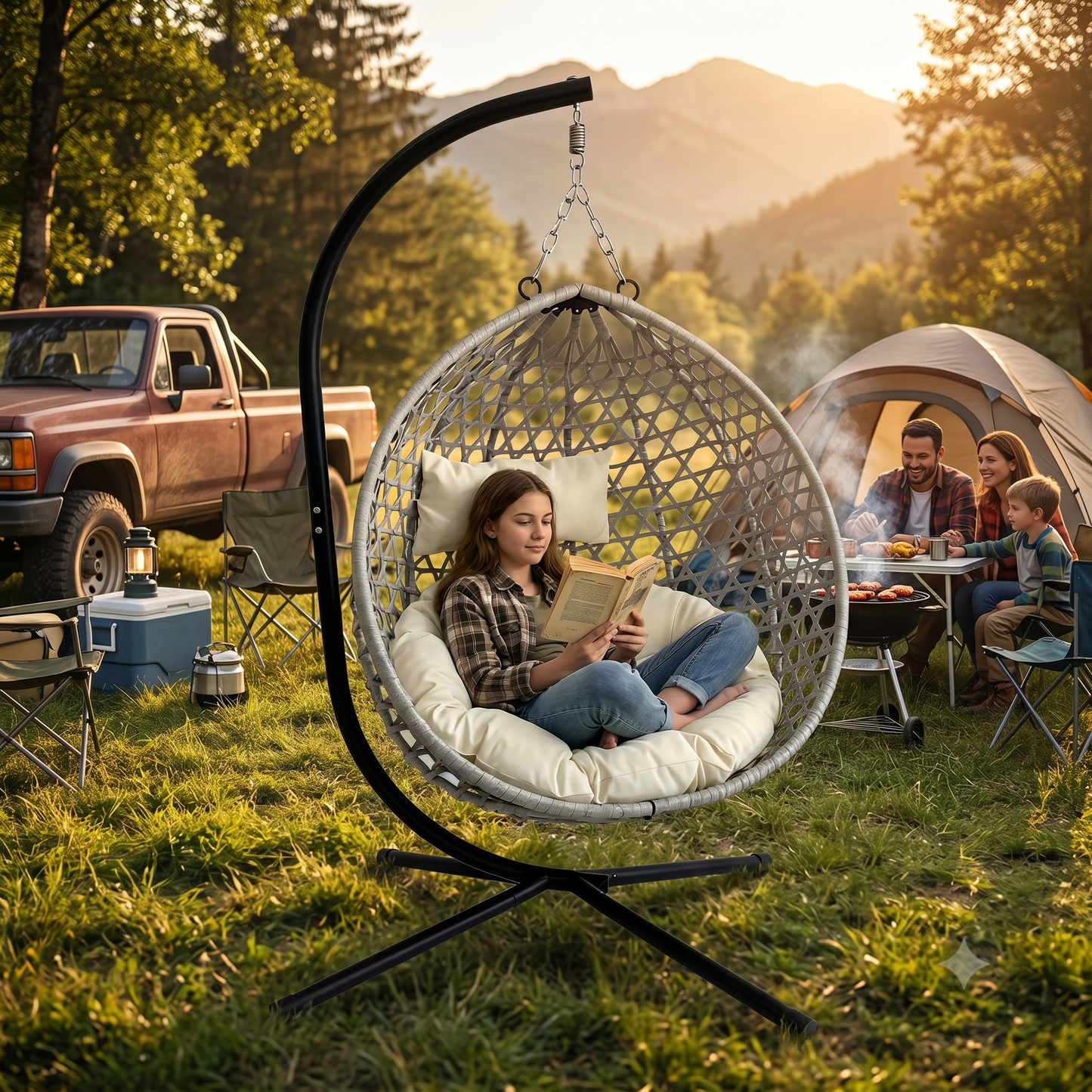 SYNGAR Foldable Hanging Egg Chair with Stand, HDPE Rattan Wicker Swing Chair with Cushion, Outdoor Egg Chair for Patio Balcony Bedroom, Heavy Duty 350 Lbs Capacity