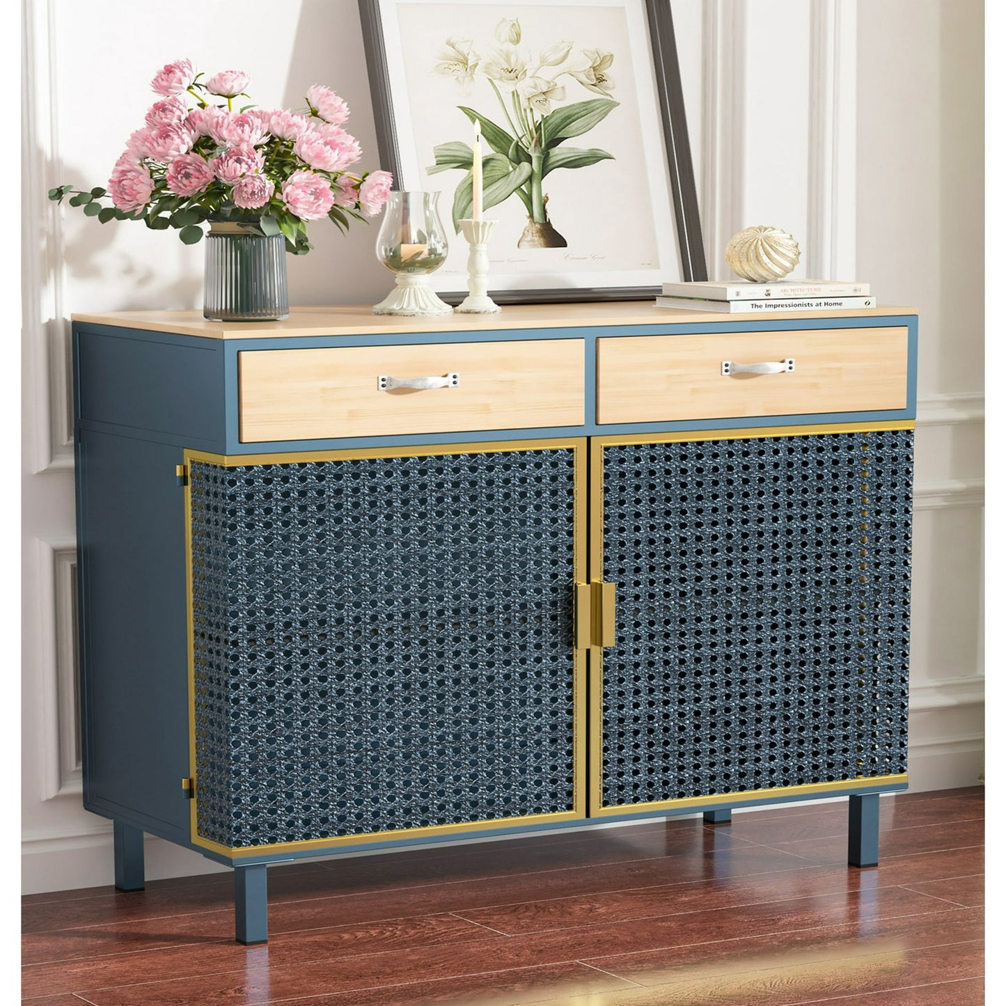 Credenzas and Sideboards, Buffet Cabinet with 2 Drawers and Cabinet, Made of Iron and Carbonized Bamboo, Blue, LJ2806