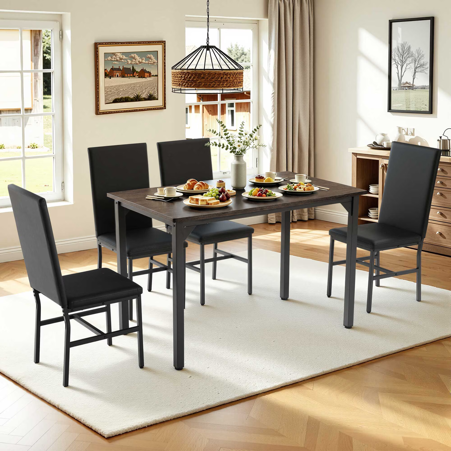 Modern Dining Table Set for 4, SYNGAR Faux Marble Table and PU Leather Upholstered Chairs Set, 5 Piece Kitchen Dining Set, Dining Table and Chairs Set for Small Space, Breakfast Nook, Black