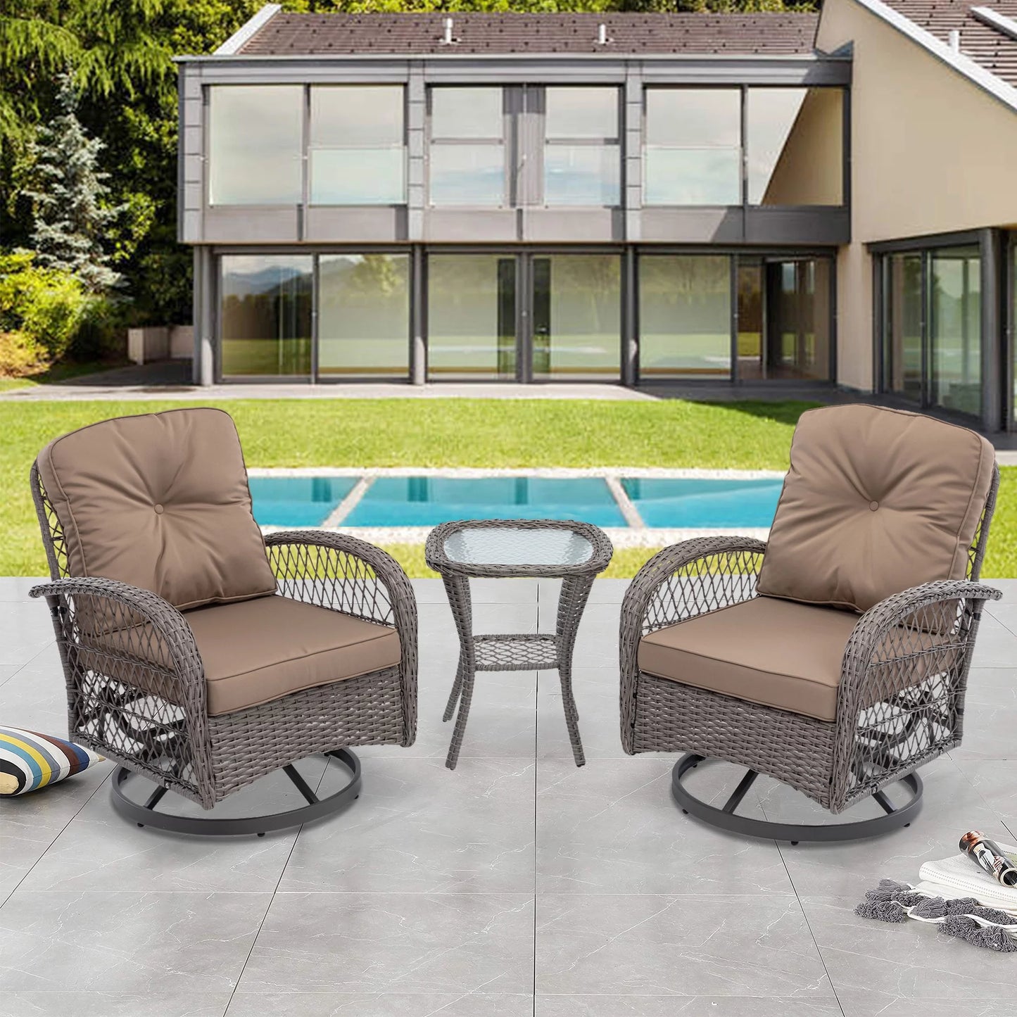 3 Piece Outdoor Rocking Bistro Set, PE Rattan Glass Top Table and Rocking Chairs Set, Outdoor Conversation Set with Cushions for 2 Persons, All-weather Bistro Set for Patio, Pool, Balcony, Pub, Cafe