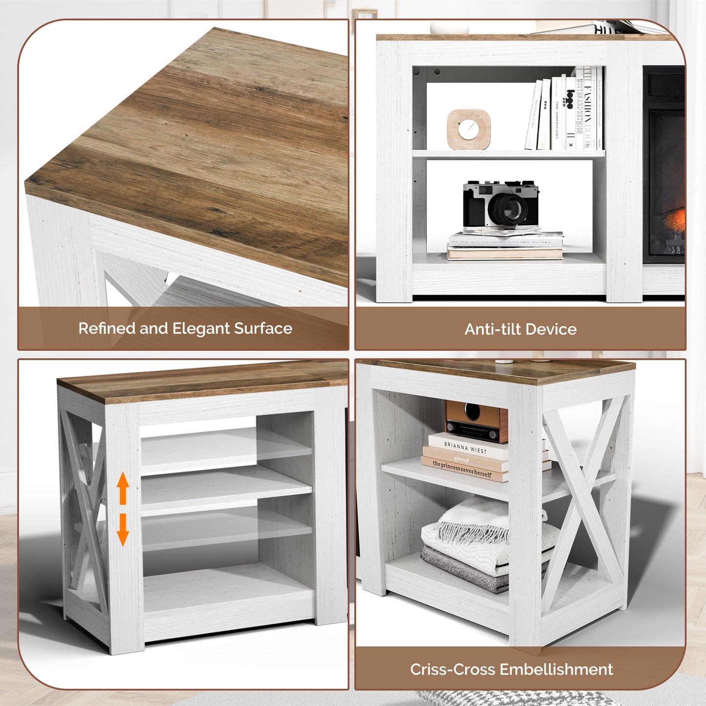 SYNGAR 70" Fireplace TV Stand with 23" Electric Fireplace with 6 Flame Colors, Entertainment Center with Open Shelves Storage, Modern Television Table Center for Living Room, White