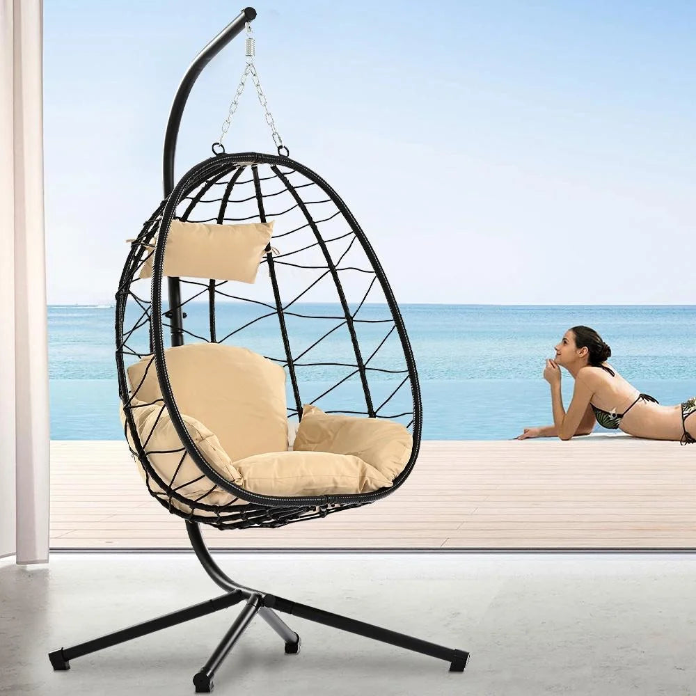 Egg Chair with Stand, Patio Wicker Hammock Chair Swing with Stand and UV Resistant Cushion, Egg Swing Chair for Outdoor Patio Porch Backyard Living Room, 300lbs Weight Capacity, B034