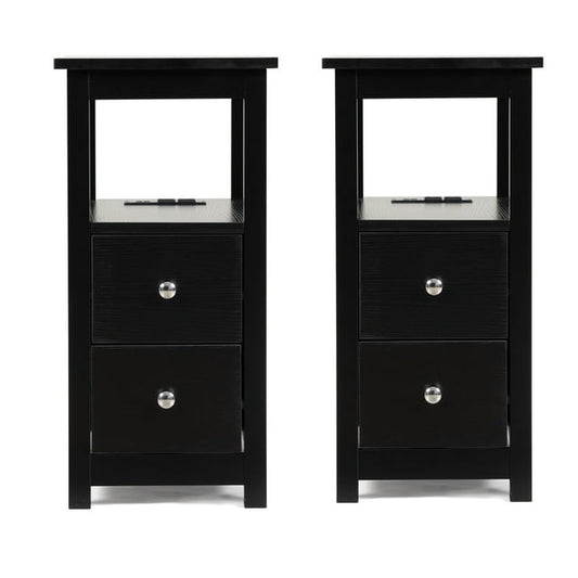 SYNGAR Side Table Set of 2 with Charging Station, End Table with USB Port and 2 Drawers for Bedroom Living Room, Black, LJ407