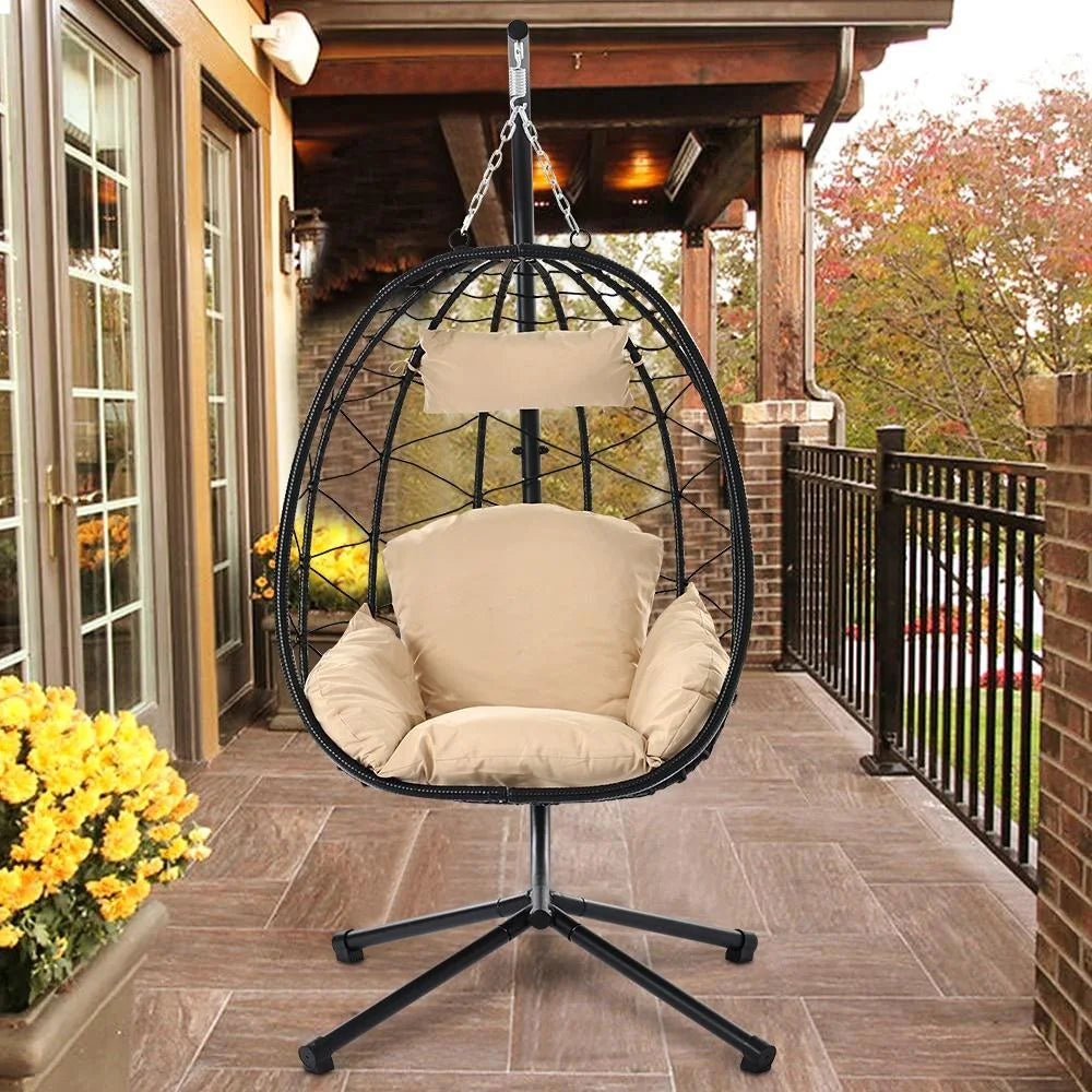 Egg Chair with Stand, Patio Wicker Hammock Chair Swing with Stand and UV Resistant Cushion, Egg Swing Chair for Outdoor Patio Porch Backyard Living Room, 300lbs Weight Capacity, B034