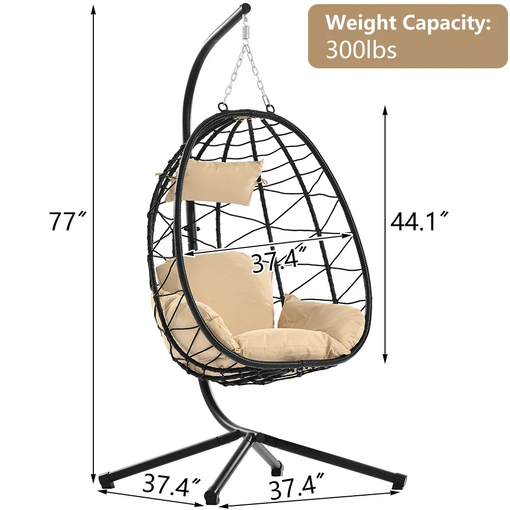 Egg Chair with Stand, Patio Wicker Hammock Chair Swing with Stand and UV Resistant Cushion, Egg Swing Chair for Outdoor Patio Porch Backyard Living Room, 300lbs Weight Capacity, B034