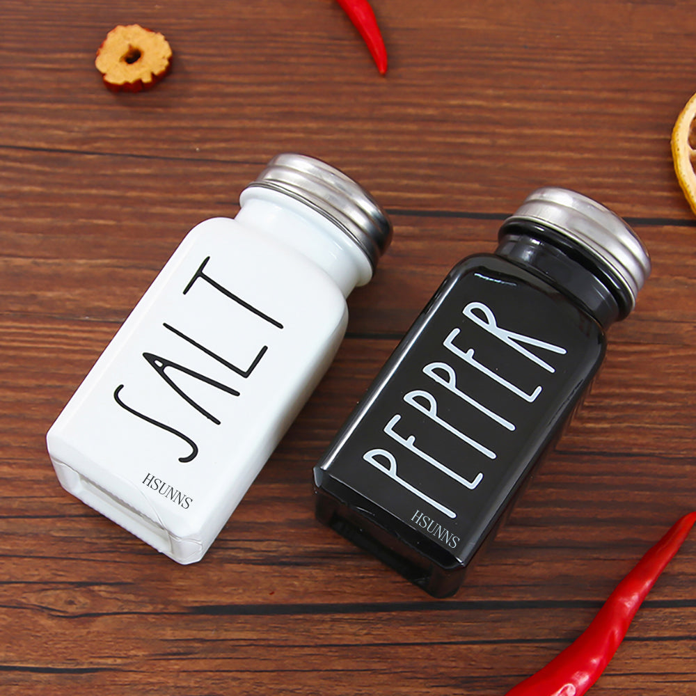 Farmhouse Salt and Pepper Shakers Set, Cute Modern Farmhouse Kitchen Decor for Home Restaurants Wedding, Gorgeous Vintage Glass Black White Shaker Sets with 4 Stainless Steel Lids
