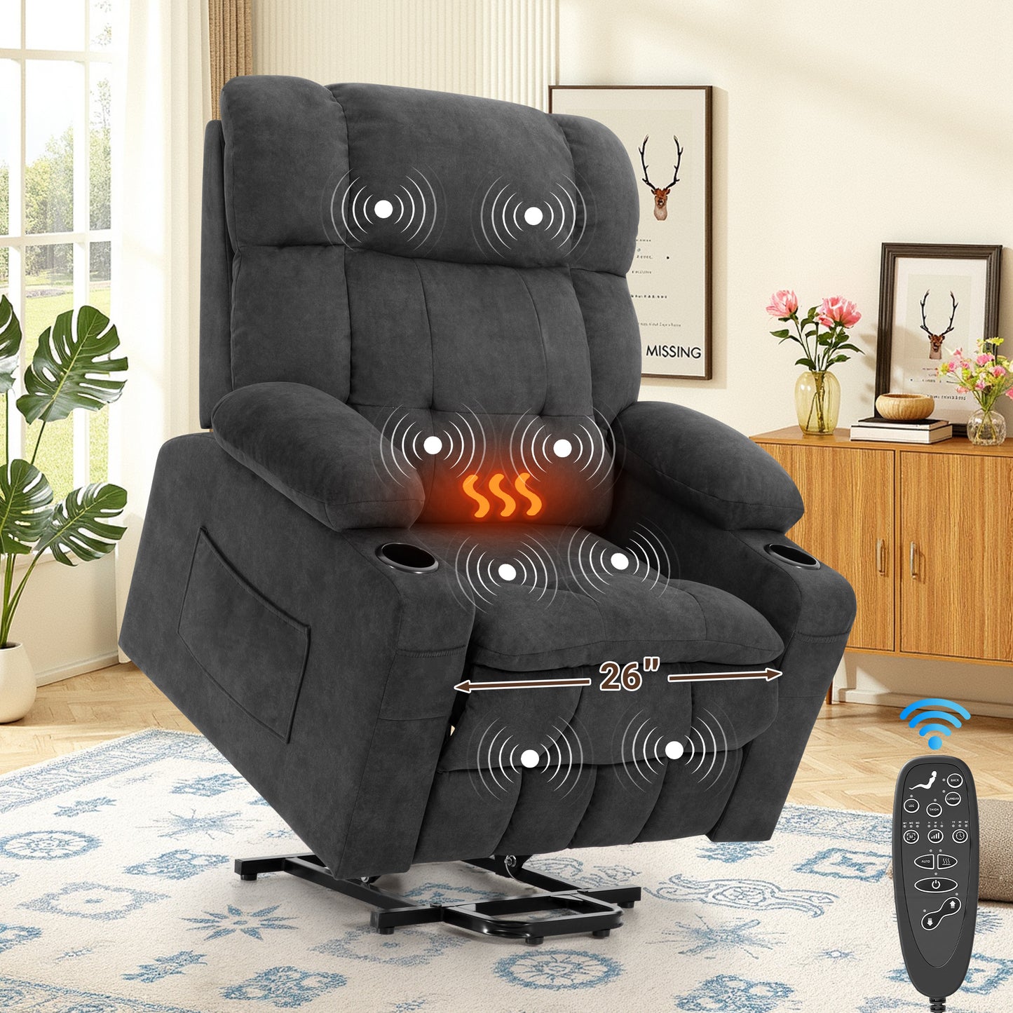 SYNGAR Large Power Lift Recliner Chair with Massage and Heat, Oversized Electric Lift Chair for Elderly Big and Tall People, Wide Seat Recliner with Cup Holders and Side Pocket for Living Room