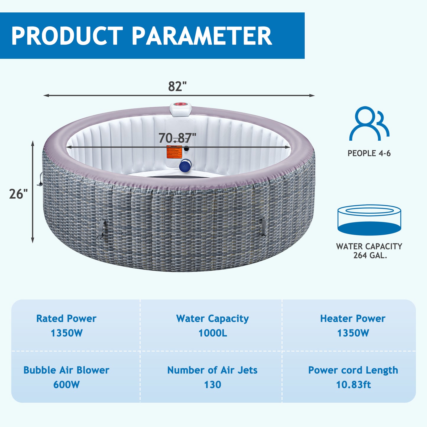 4-6 Person Inflatable Hot Tub with 130 Bubble Jets, Round Home Spa