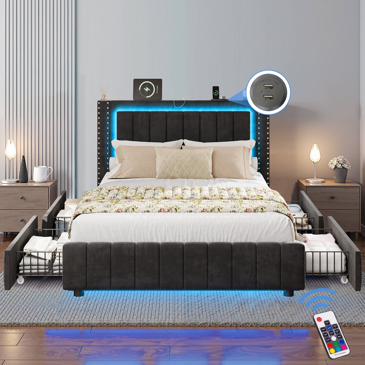 Full Bed Frame with Headboard and LED Lights, SYNGAR Platform Bed Base with 4 Storage Drawers and USB Port, Modern Platform Bed Frame No Box Spring Needed with Upholstered Headboard,Easy Assembly