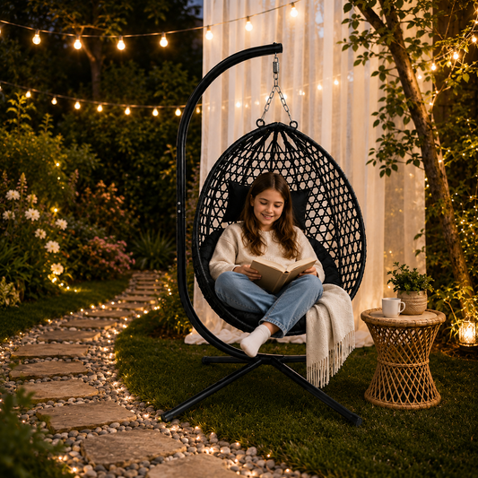 SYNGAR Foldable Hanging Egg Chair with Stand, HDPE Rattan Wicker Swing Chair with Cushion, Outdoor Egg Chair for Patio Balcony Bedroom, Heavy Duty 350 Lbs Capacity
