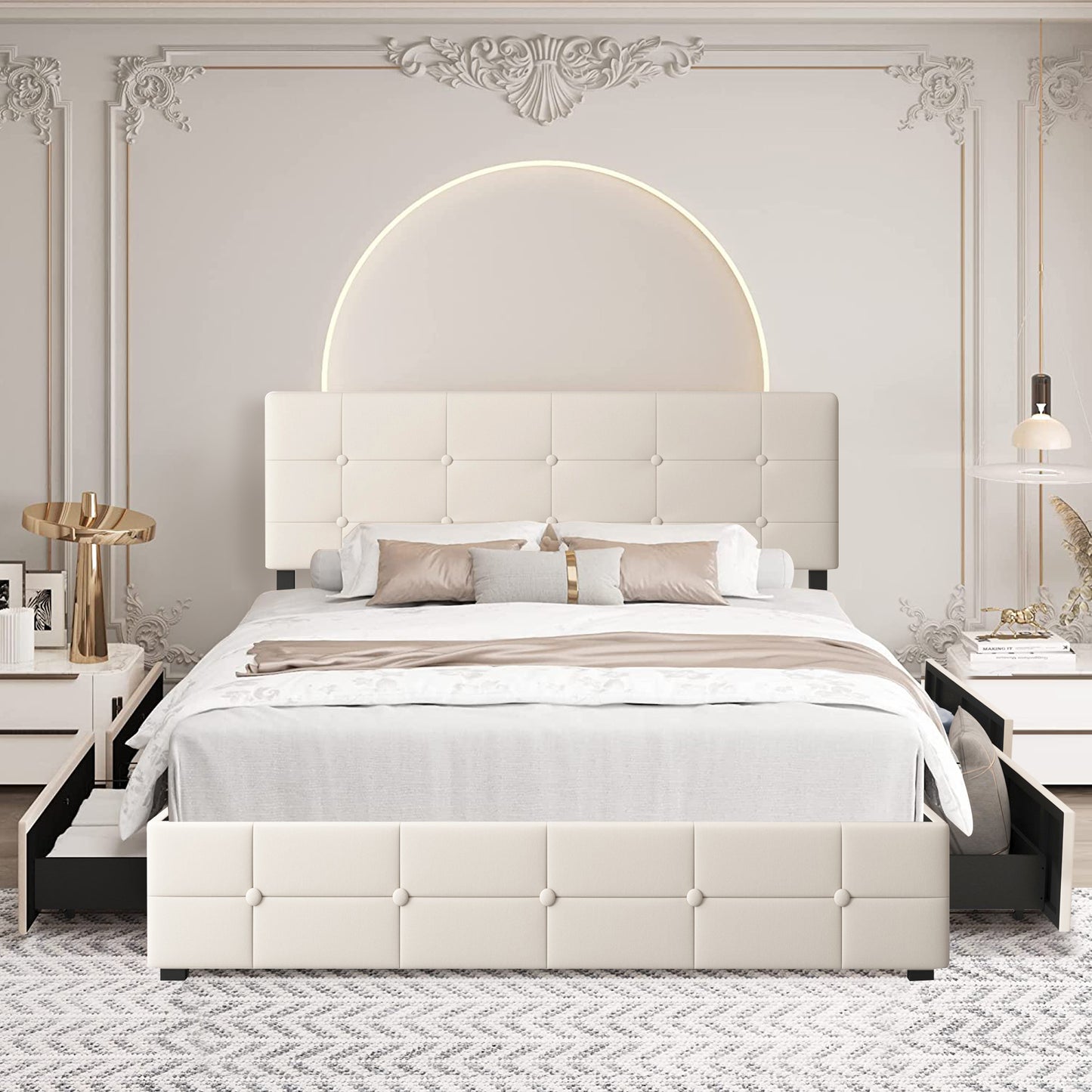 SYNGAR Queen Size Platform Bed Frame with 4 Drawers, Modern Button Tufted Velvet Upholstered, Adjustable Headboard, Beige