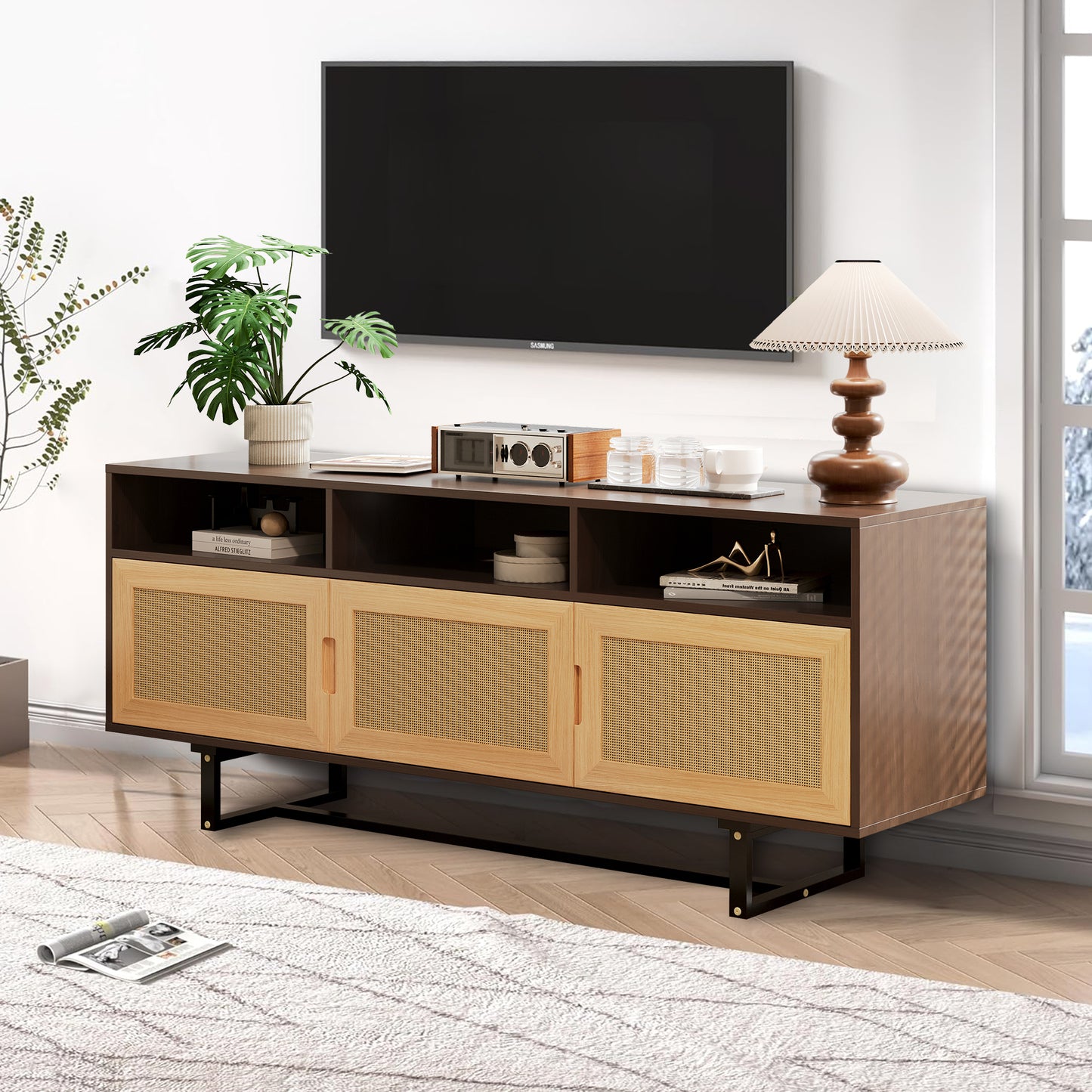 SYNGAR TV Console for 75" Inches TV, Modern TV Cabinet With 3 Rattan Doors and Wood Leg, Wood Entertainment Center with Storage Cabinet and Shelves, TV & Media Furniture, Espresso