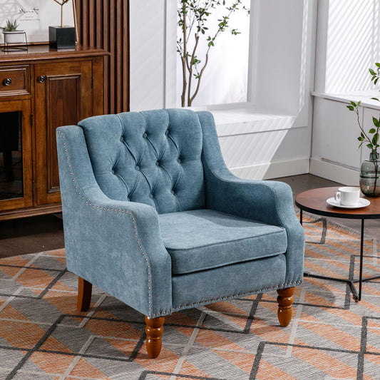 SYNGAR Accent Chair, Mid-Century Linen Accent Armchair with Vintage Brass Studs, Solid Wood Legs, Button Tufted Upholstered, Comfy Reading Chair for Living Room and Bedroom, Reception Room, Blue