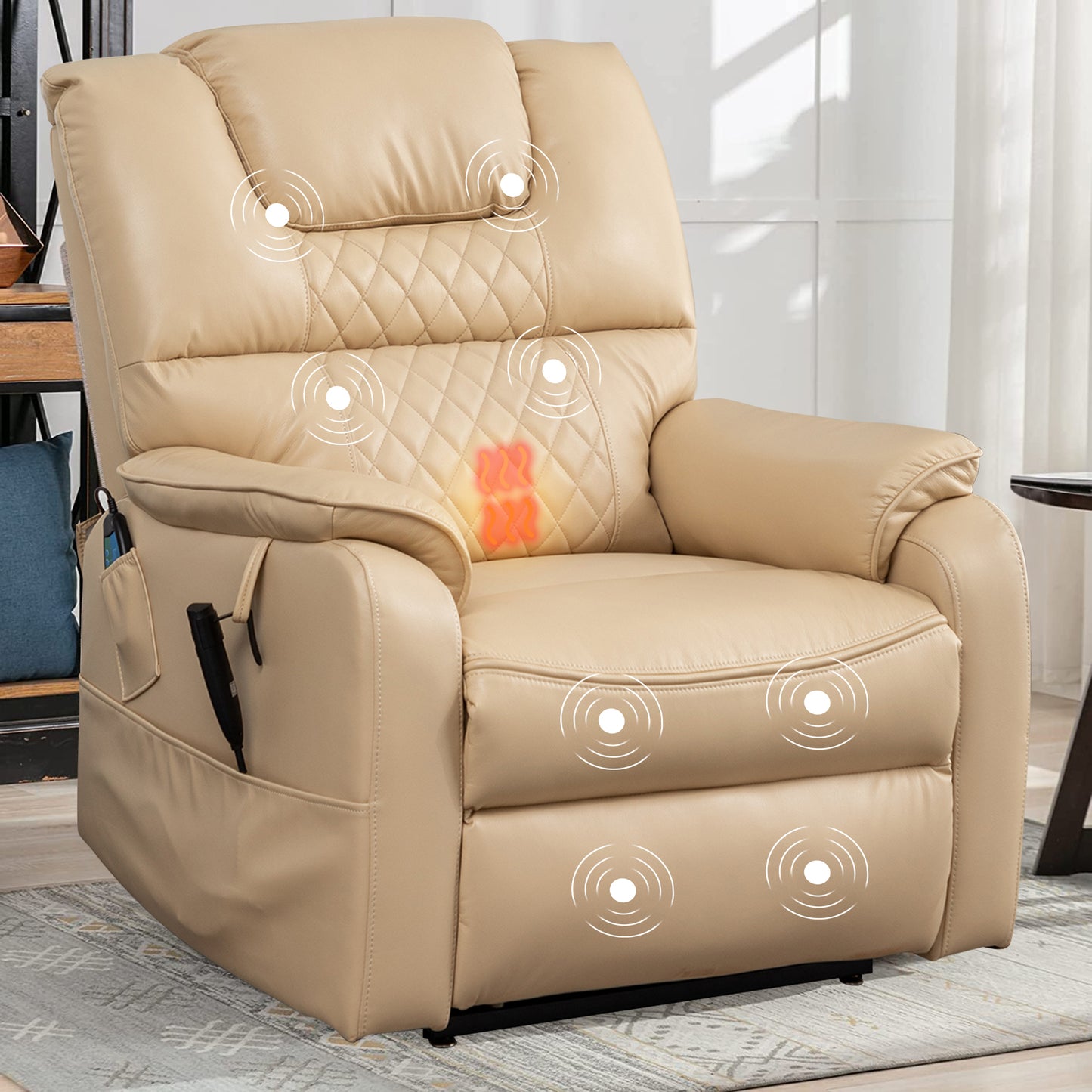 Double Power Recliner Chair Oversized, Electric Recliner Chair with Heat Therapy and Massage, 180 Degrees Lying Flat Recliner for Adults Elderly, Single Leisure Sofa for Living Room, Beige Yellow