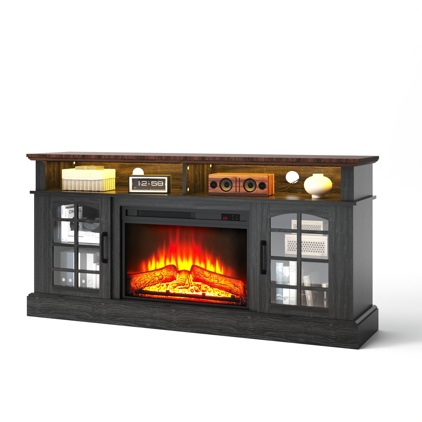 SYNGAR Fireplace Electric TV Stand for 65" TV with LED Light, Modern Entertainment Center With Remote Control Virtual Flame Fireplace, 2 Cabinet Storage, Glass Door, Storage Shelves, Black+Brown