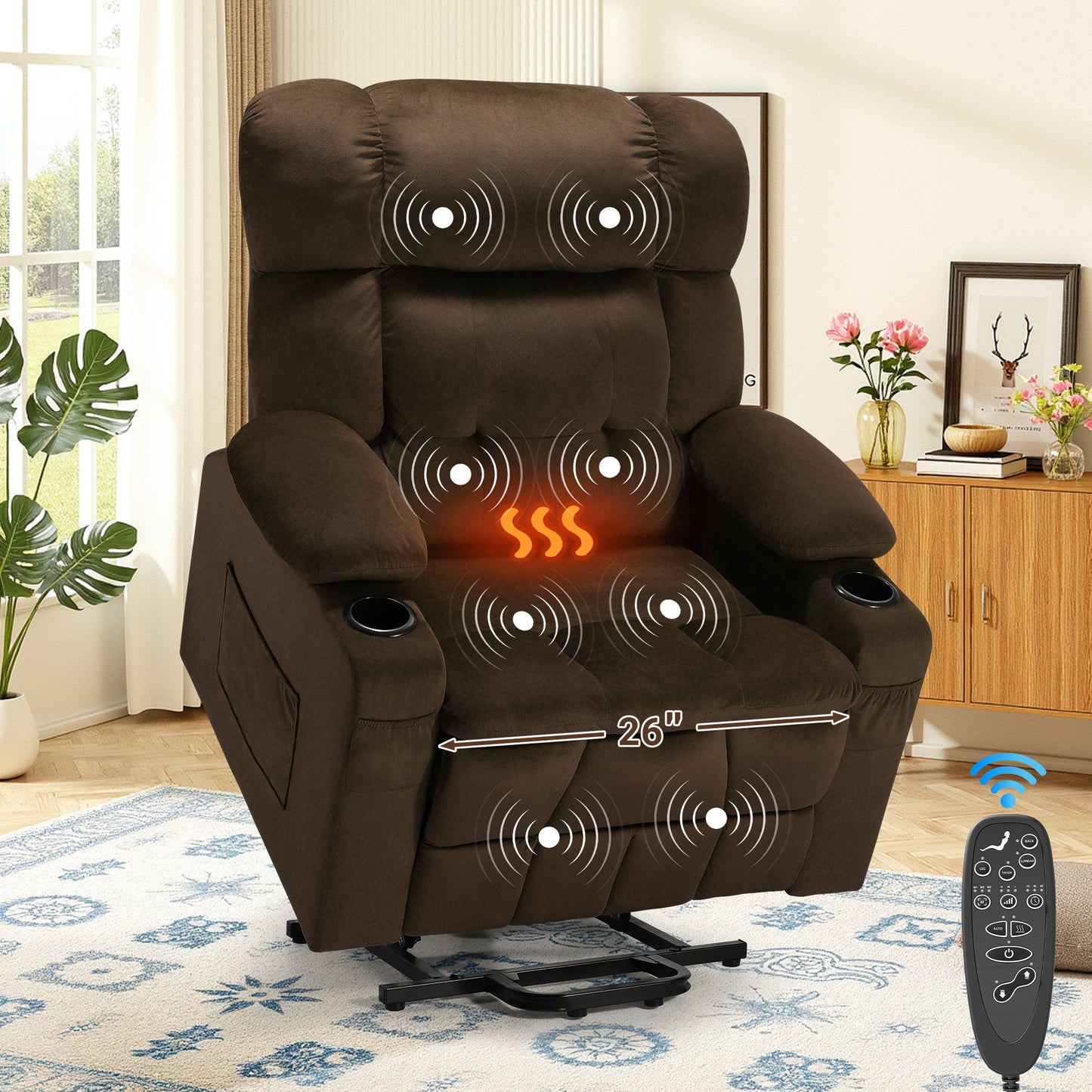 SYNGAR Large Power Lift Recliner Chair with Massage and Heat, Oversized Electric Lift Chair for Elderly Big and Tall People, Wide Seat Recliner with Cup Holders and Side Pocket for Living Room