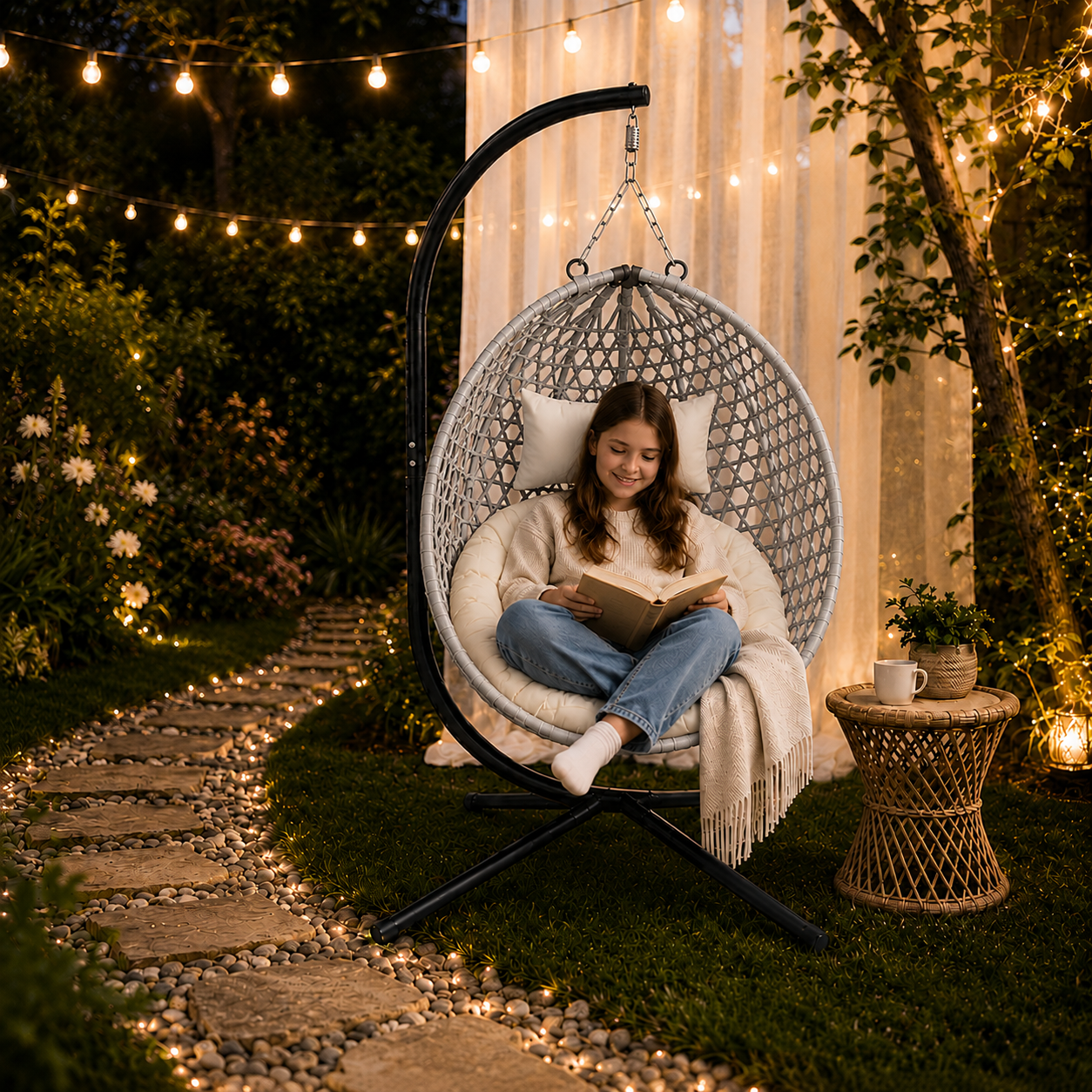 SYNGAR Foldable Hanging Egg Chair with Stand, HDPE Rattan Wicker Swing Chair with Cushion, Outdoor Egg Chair for Patio Balcony Bedroom, Heavy Duty 350 Lbs Capacity