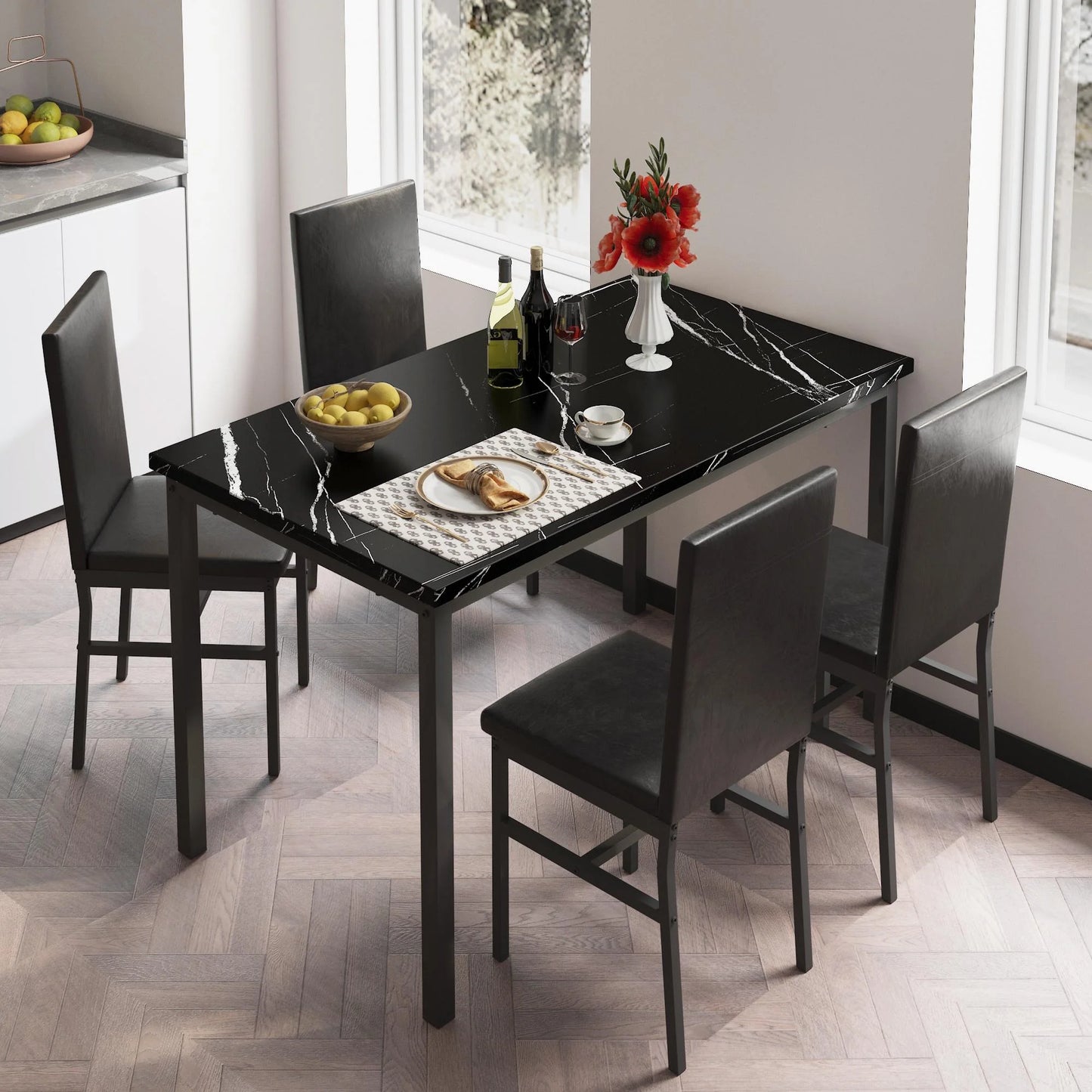 5 Piece Dining Set, Modern Dining Table and Chairs Set for 4, Kitchen Dining Table Set with Faux Marble Tabletop and 4 PU Leather Upholstered Chairs