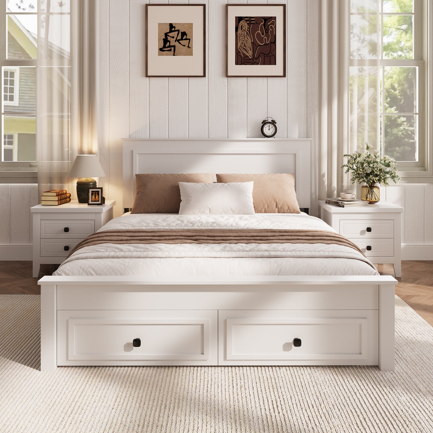 SYNGAR Full Bed Frame with Storage, Full Size Platform Bed with 2 Drawers, Wooden Bed Frame with Headboard, Heavy Duty Wood Support, No Box Spring, Farmhouse White Bed